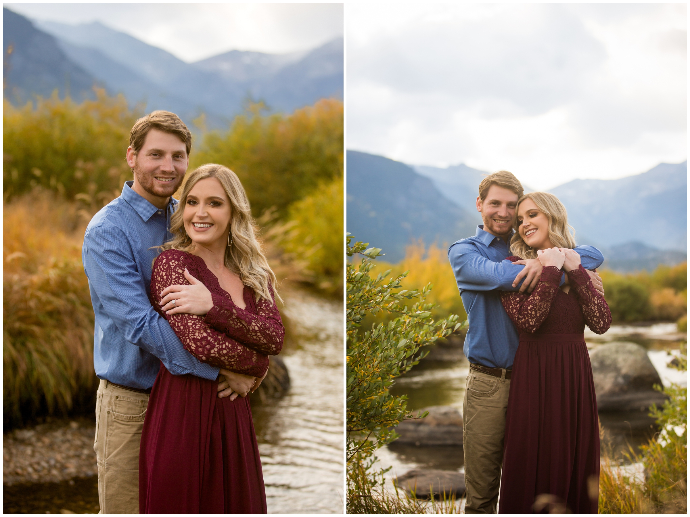 couple hugging with mountains in background during Colorado engagement pictures in RMNP