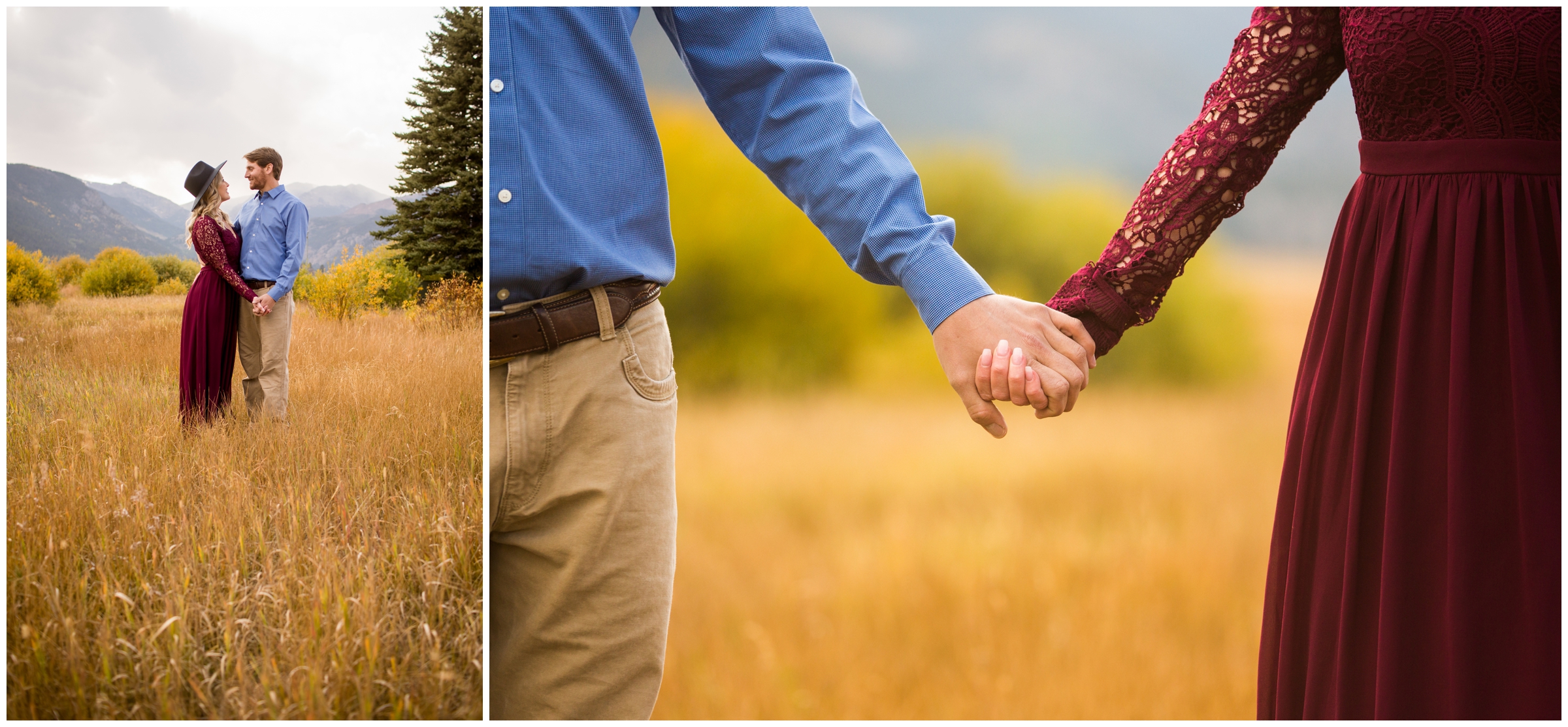 couple posing in field of tall grasses during RMNP Colorado engagement pictures 