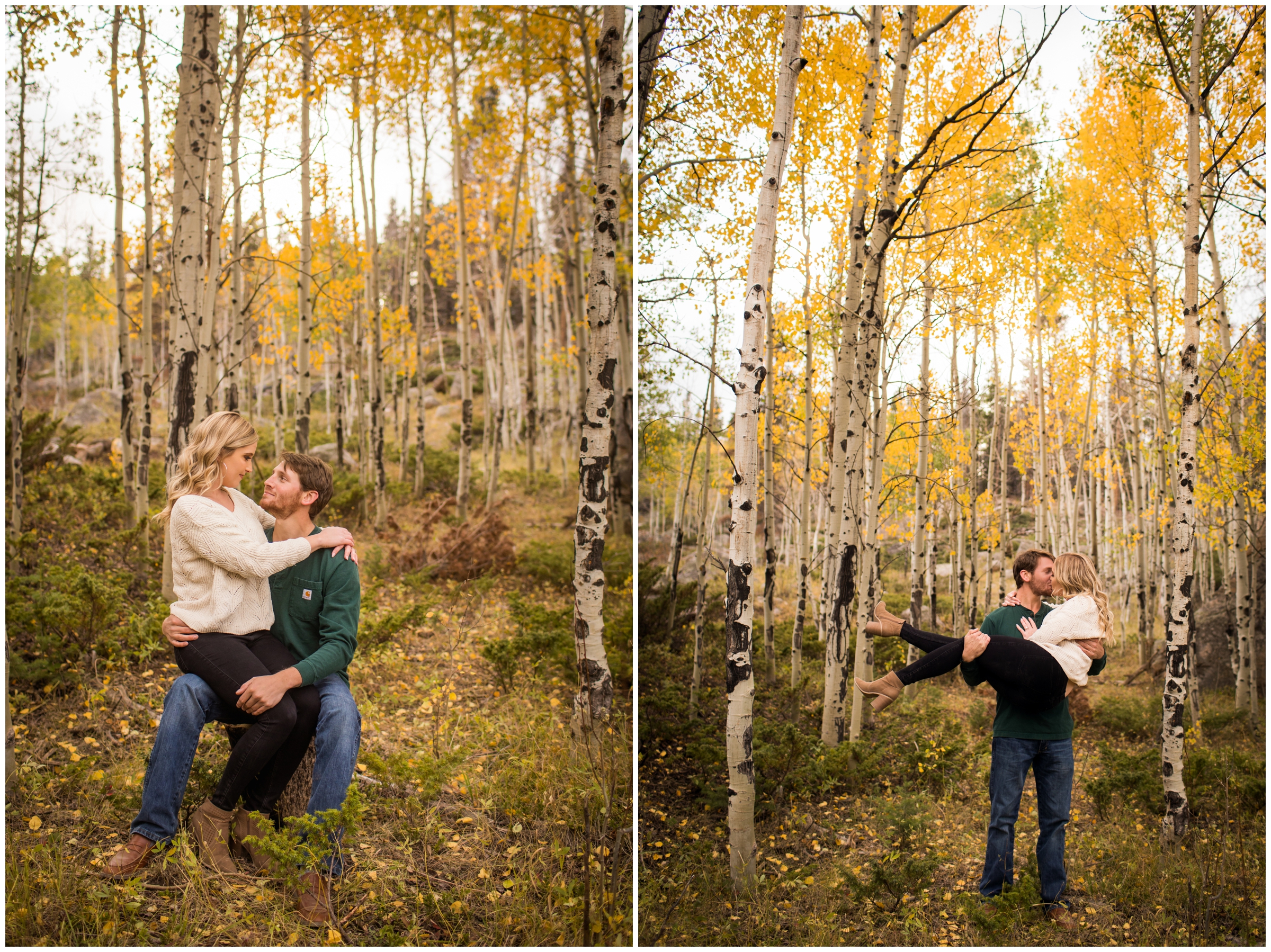 couple posing in aspen grove during Colorado fall engagement portraits 