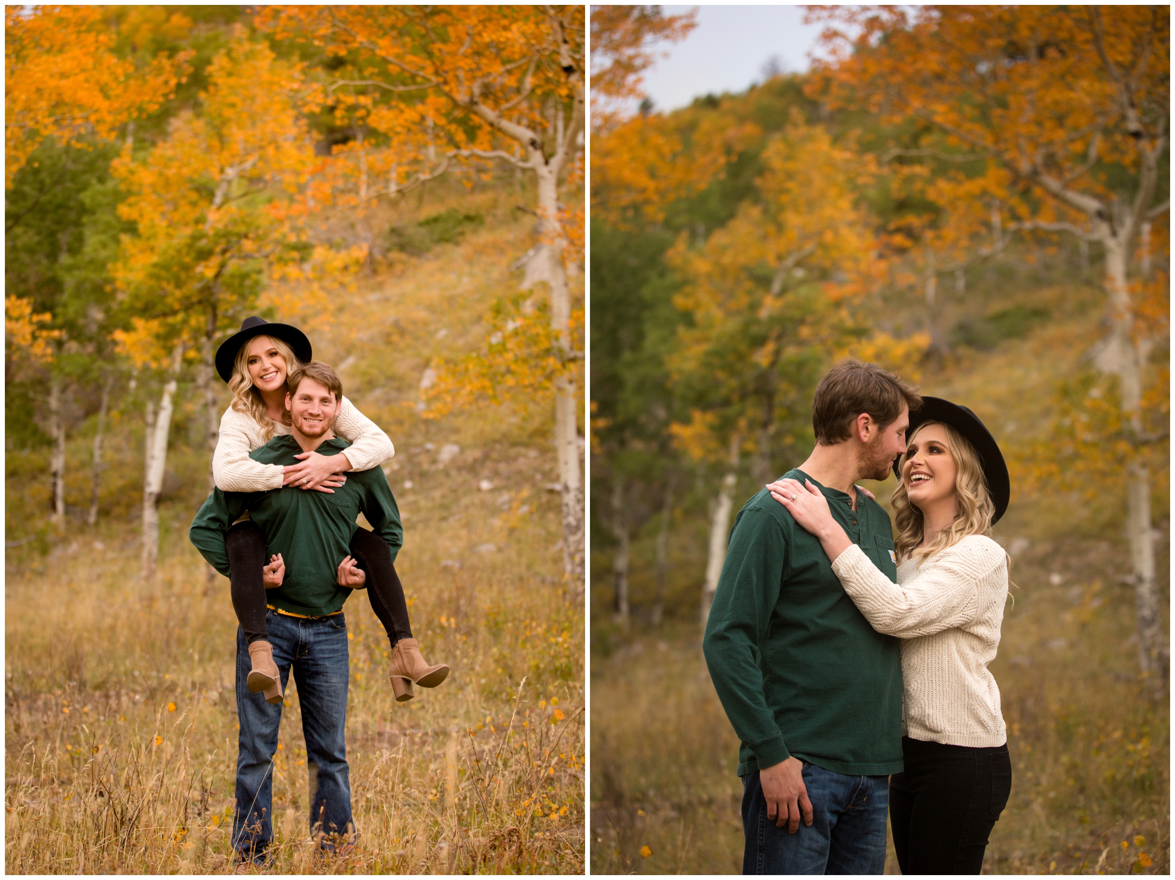piggy back ride in aspen grove during Colorado fall engagement photos 