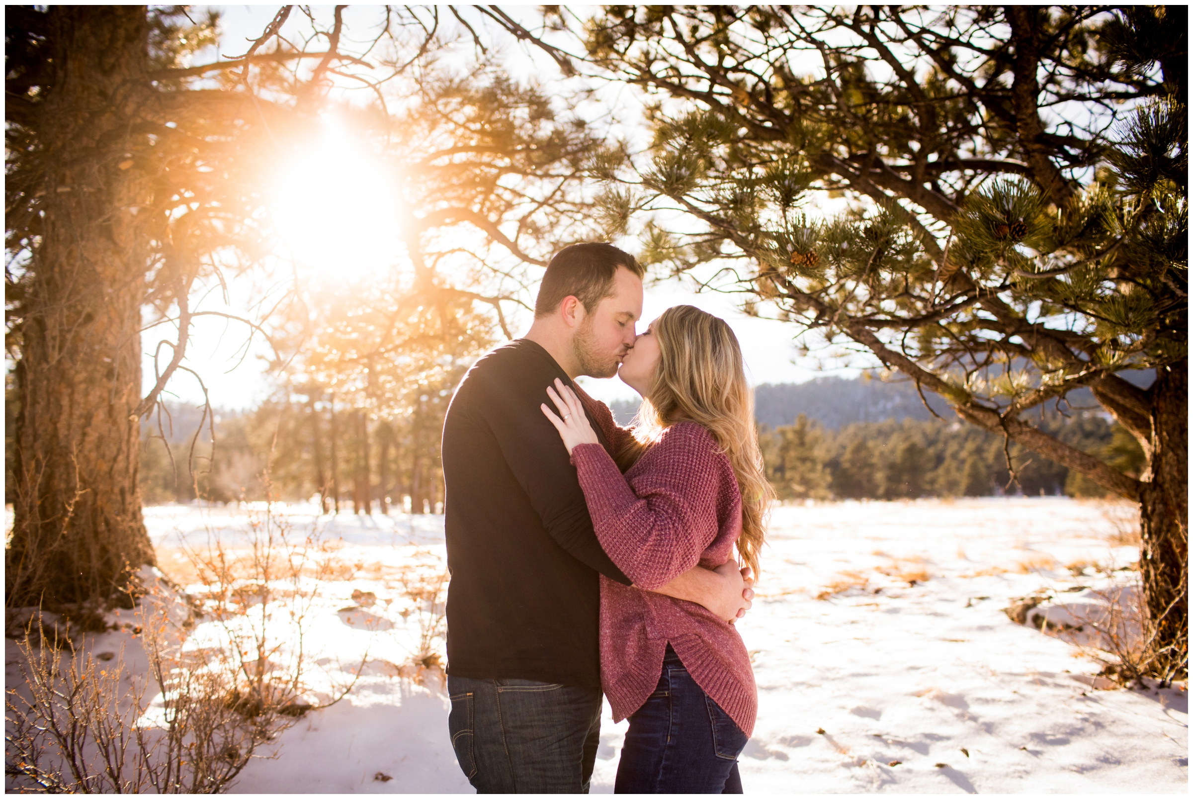 sunny and snowy winter engagement pictures in Evergreen Colorado 