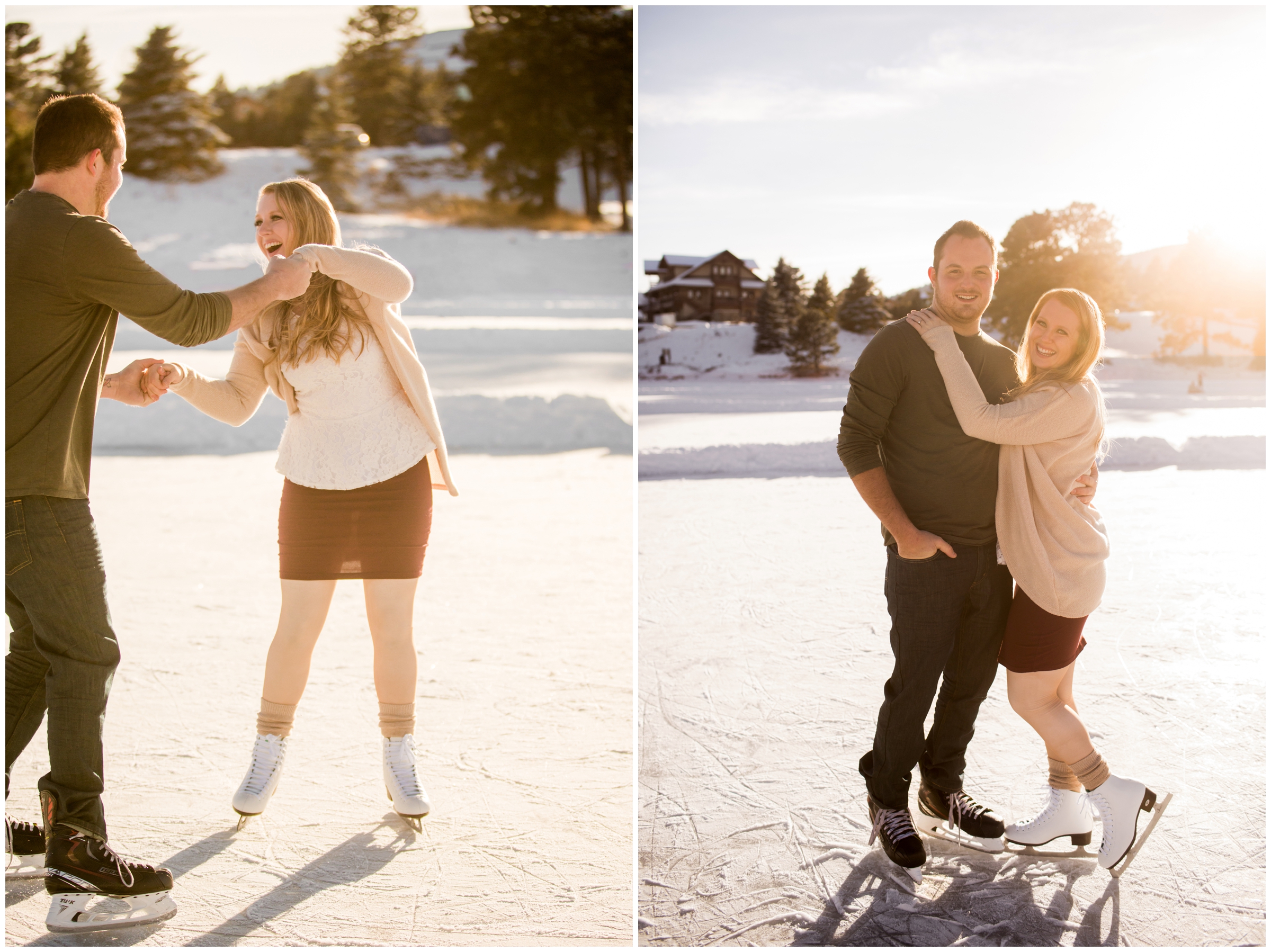 Ice skating engagement photos in the Colorado mountains by Evergreen photographer Plum Pretty Photography