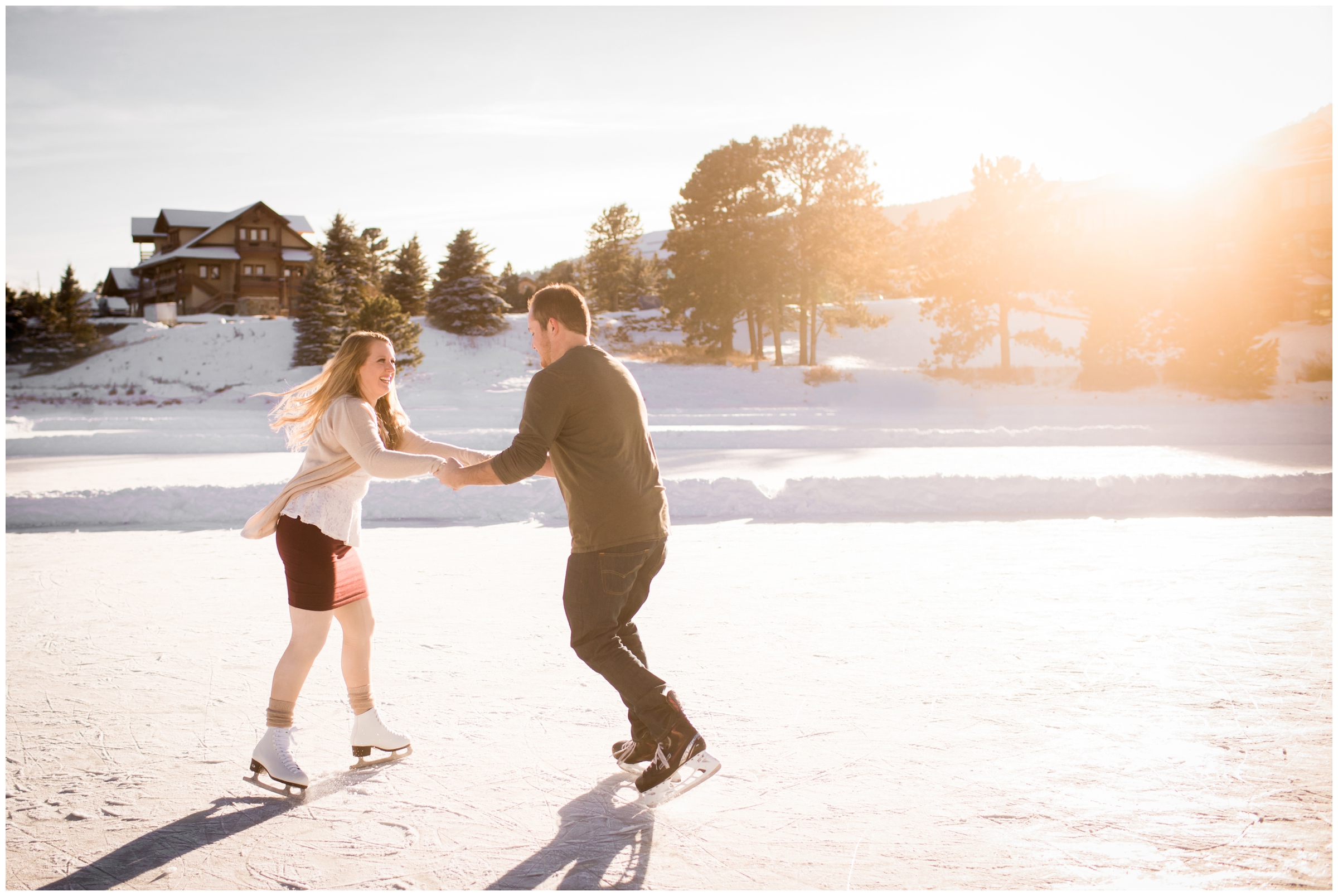 couple ice skating at Buchanan Ponds during Evergreen Colorado engagement pictures 