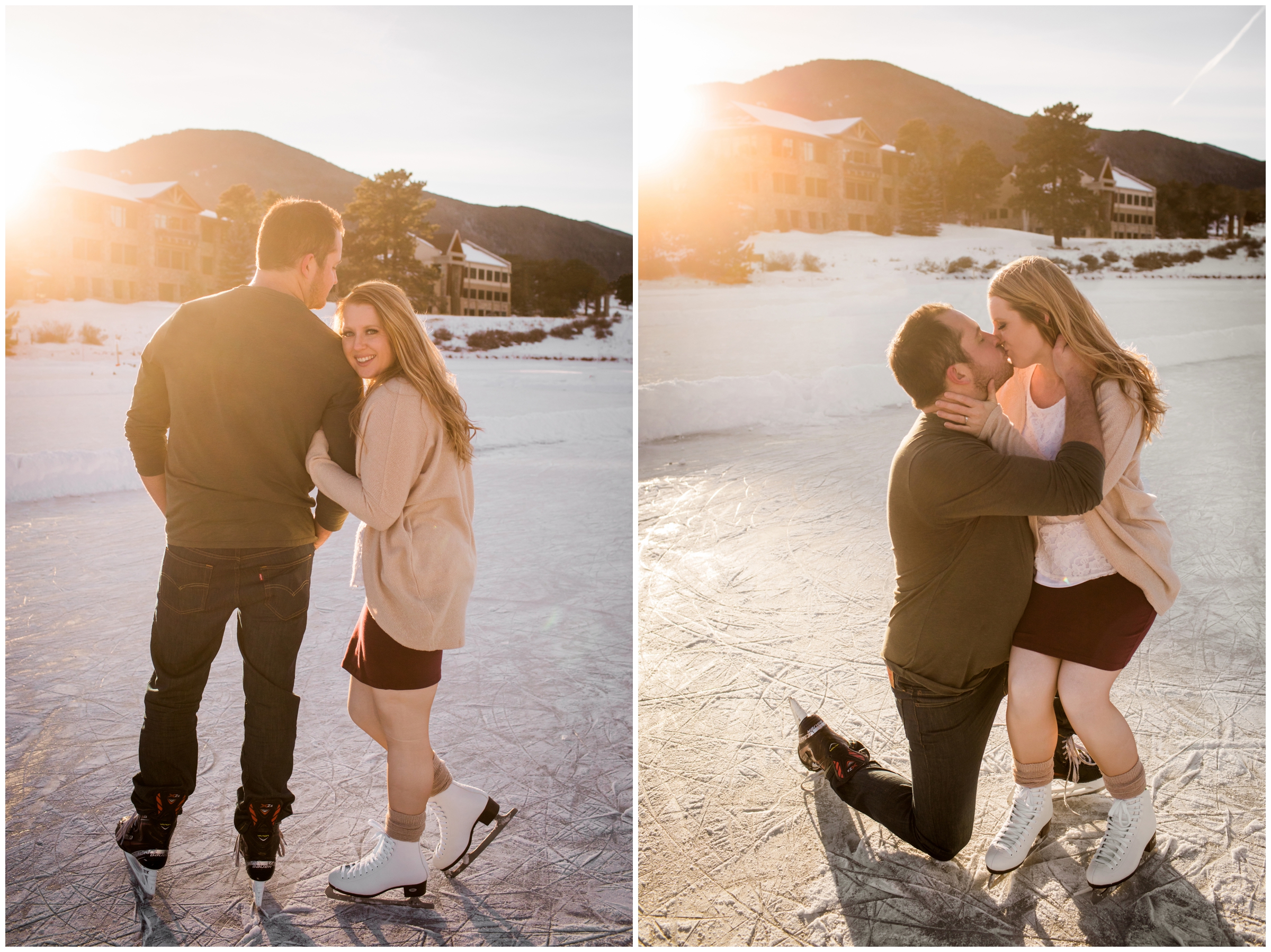 couple posing on ice skating rink in Evergreen Colorado during winter engagement photos 