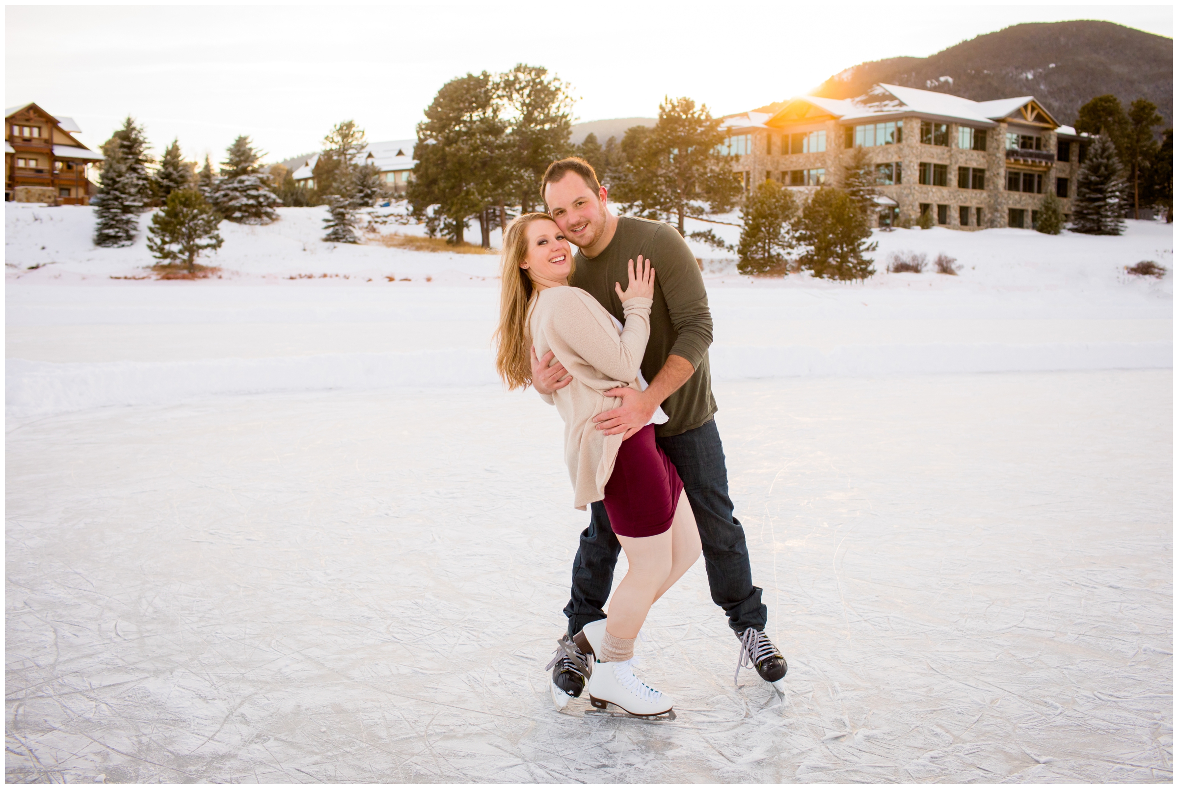 Ice skating engagement photos in the Colorado mountains by Evergreen photographer Plum Pretty Photography