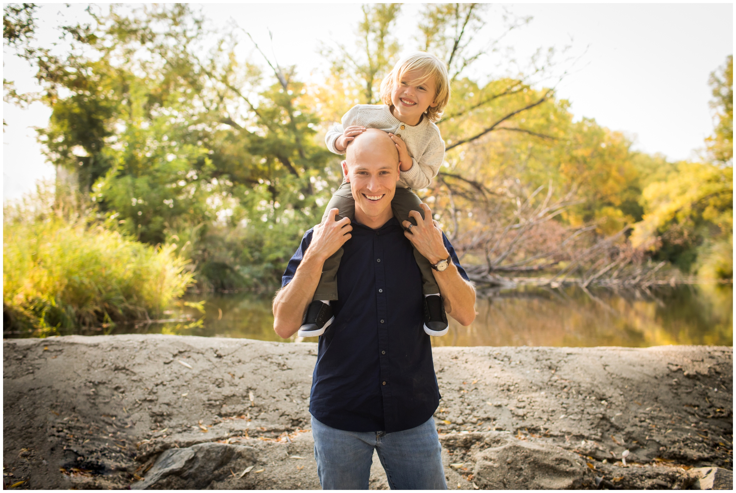 Son on dad’s shoulders during golden pines Longmont family portraits 