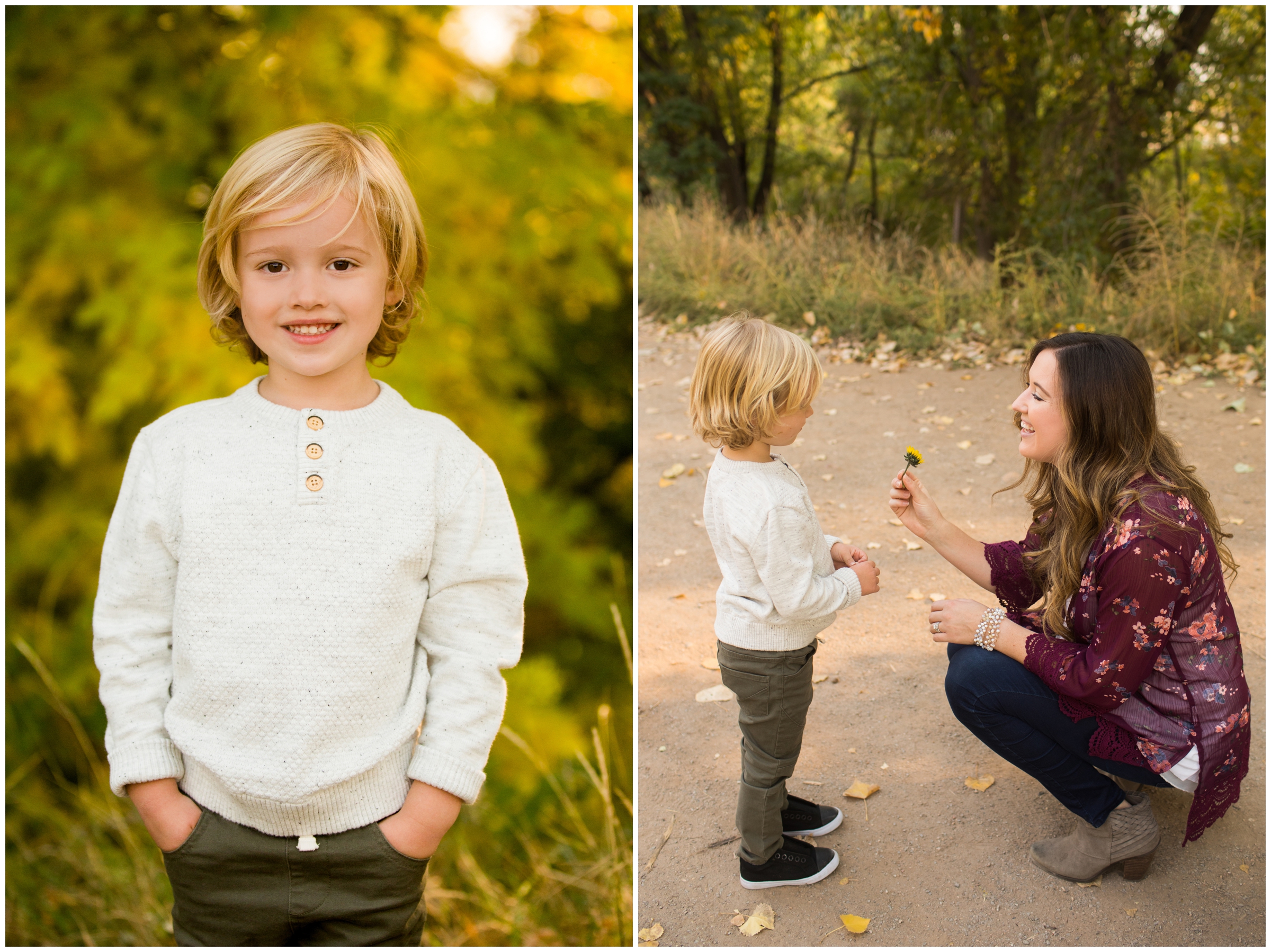 little boy giving his mom a flower during Colorado fall family photo shoot 