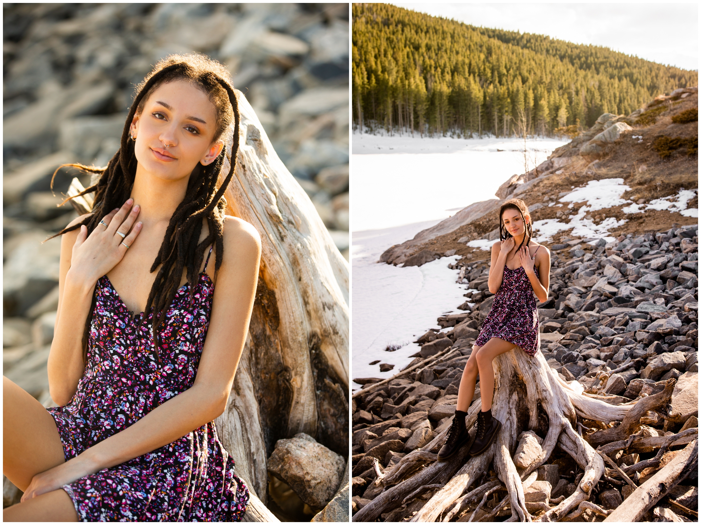 Teen posing on driftwood during Colorado mountain senior pictures 
