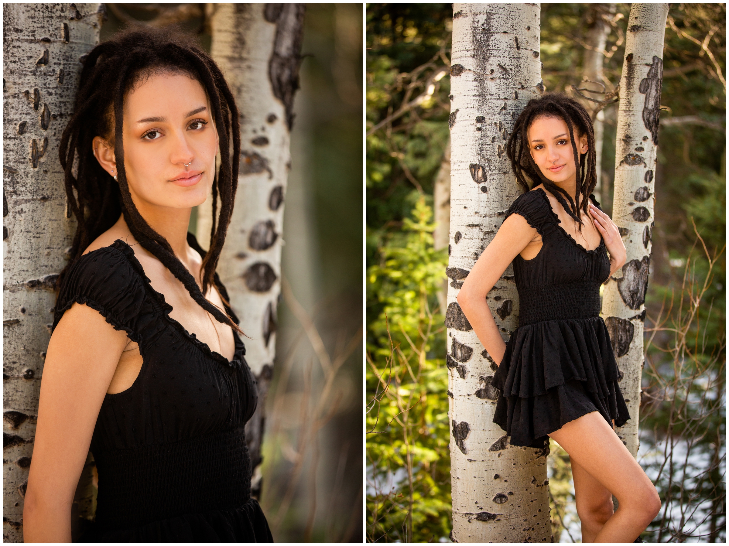 Teen leaning against aspen tree during graduation photos in evergreen CO