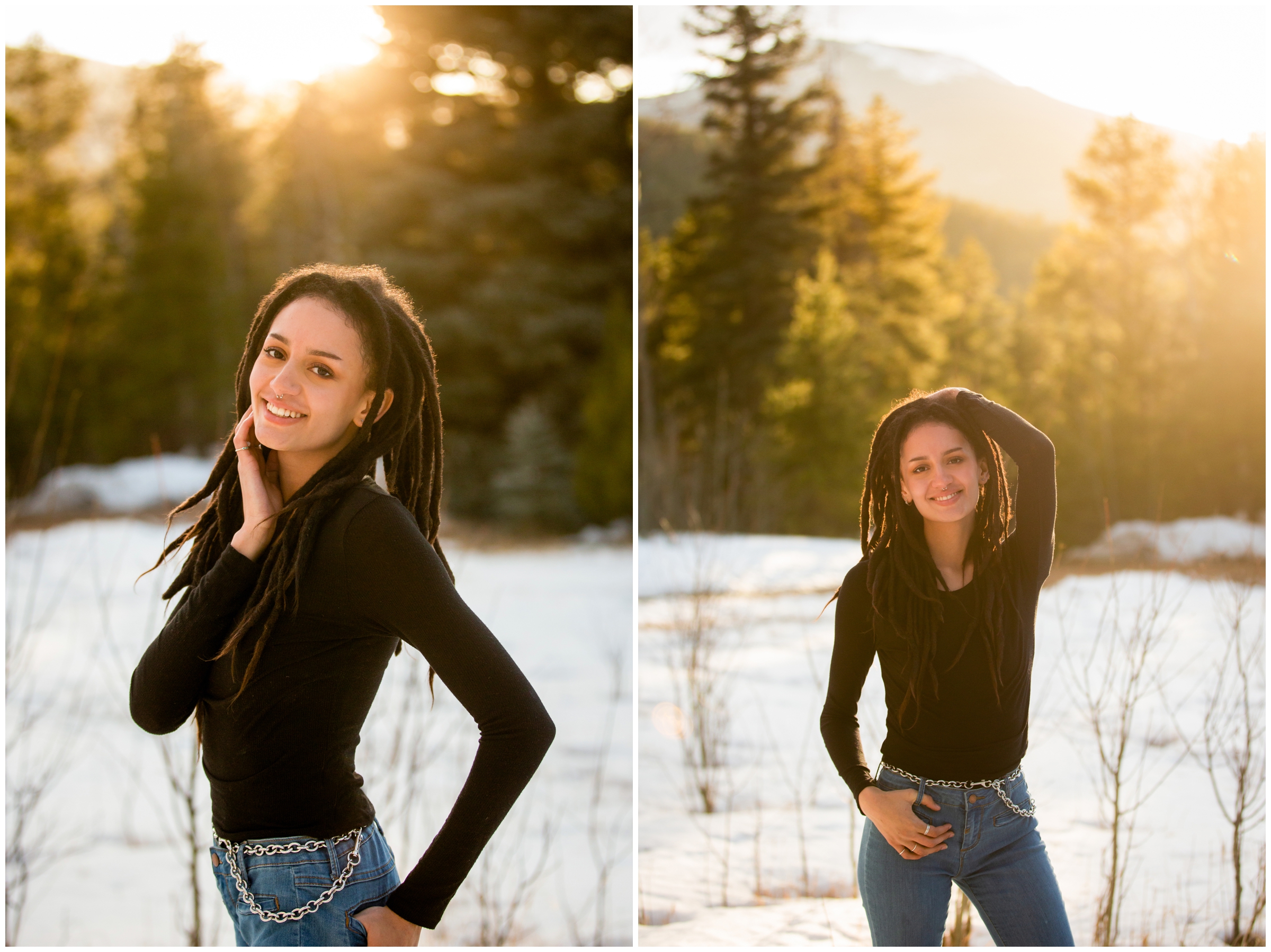 Sunny and snowy senior photography inspiration in the Colorado mountains 