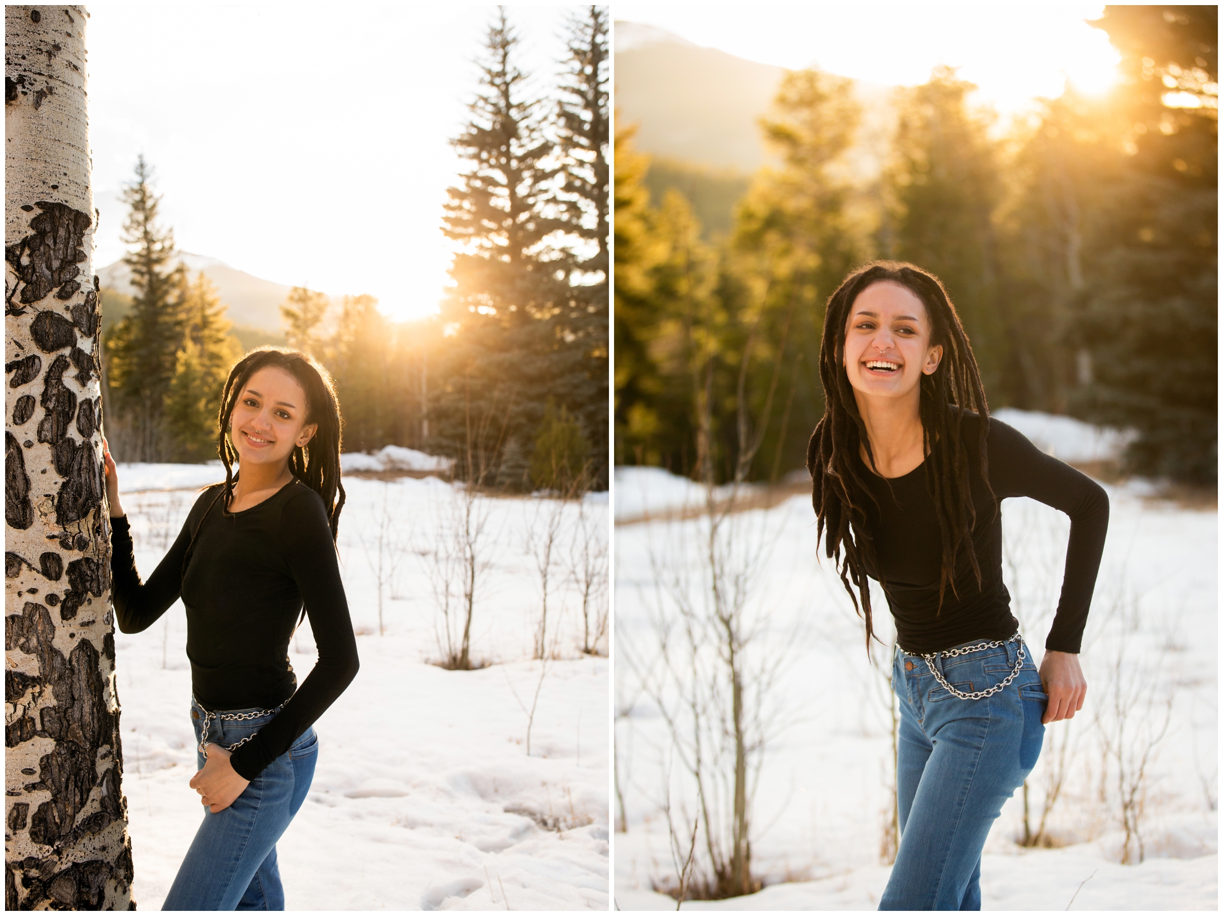 Snowy senior photography inspiration at Frosberg park in evergreen Colorado 