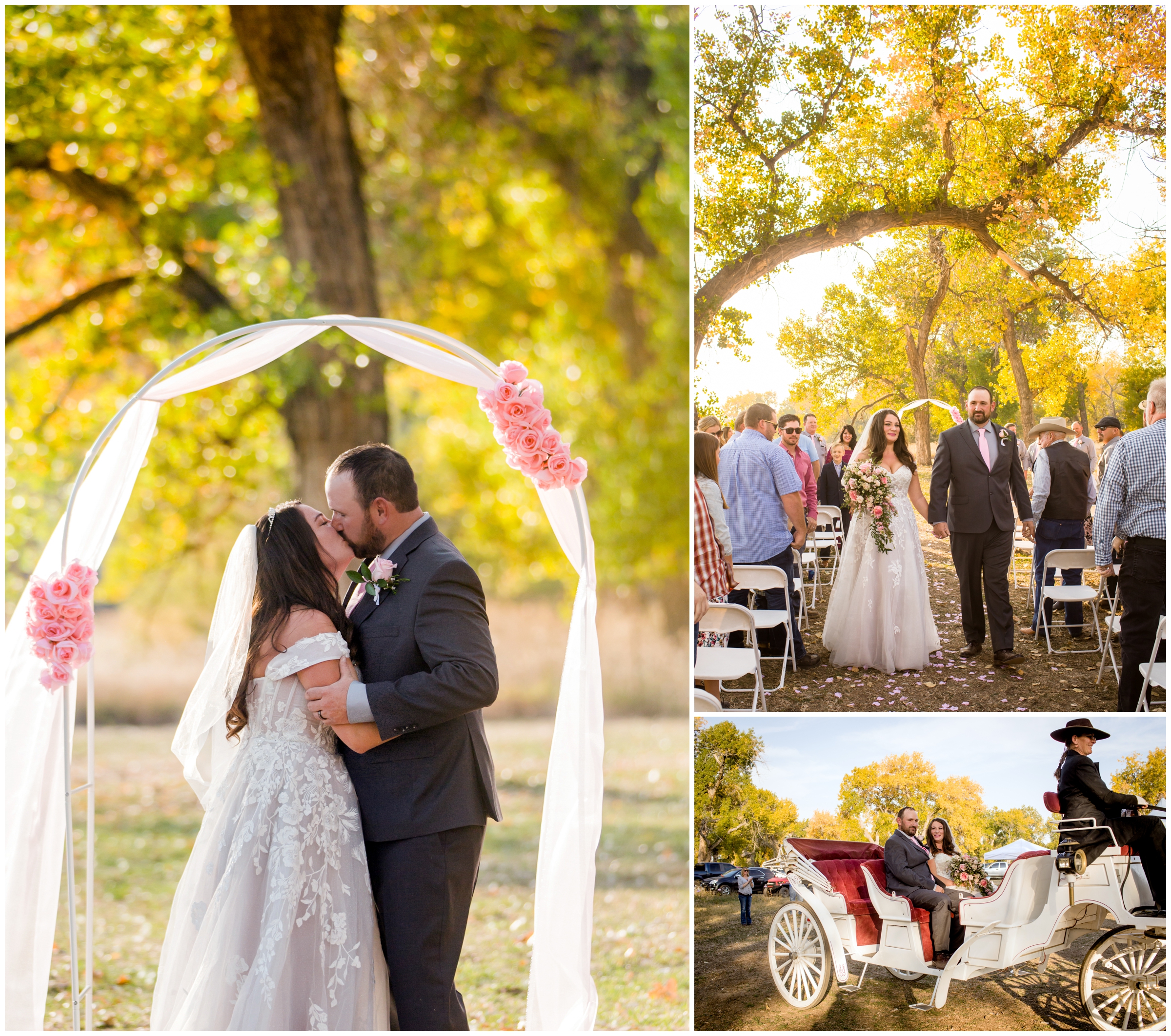 first kiss during outdoor fall Colorado wedding ceremony 