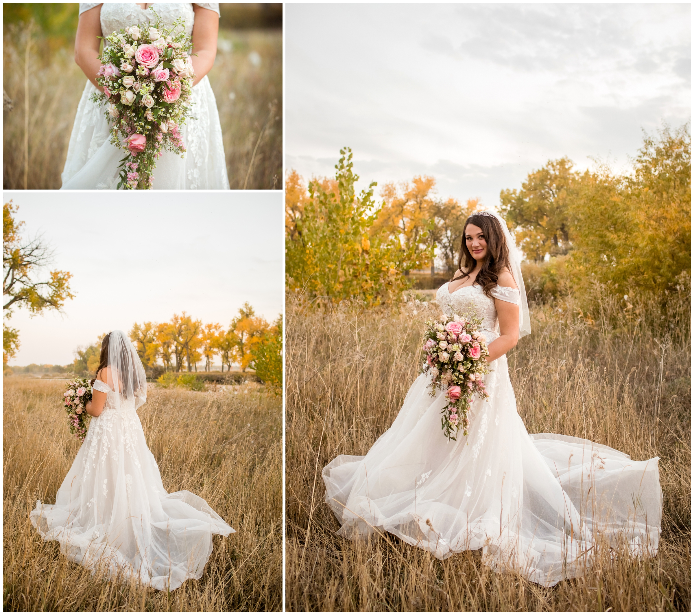 bride with cascading bouquet posing for rustic farm wedding photos in colorado 