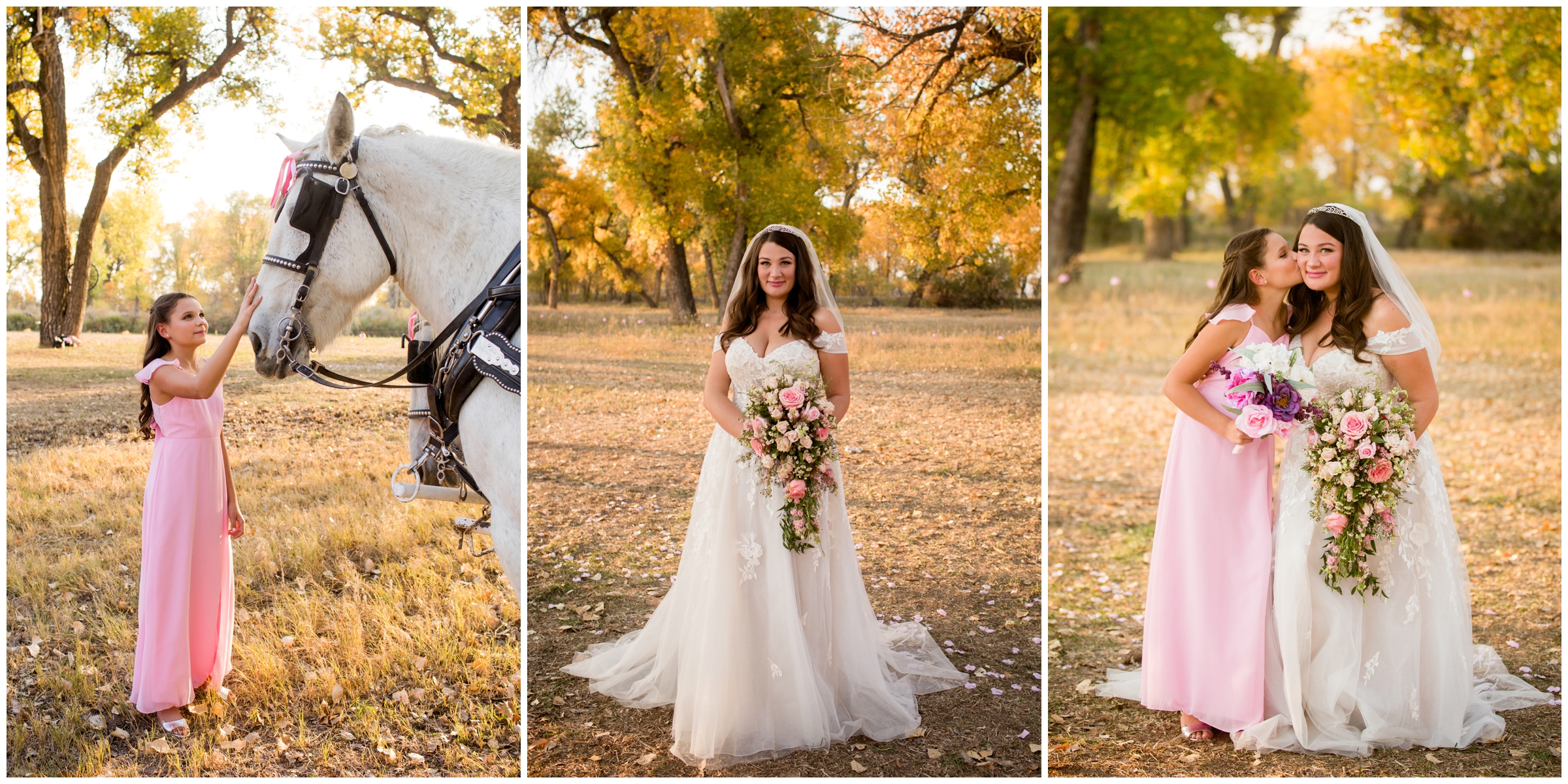 flower girl petting horse during rustic colorado wedding portraits 