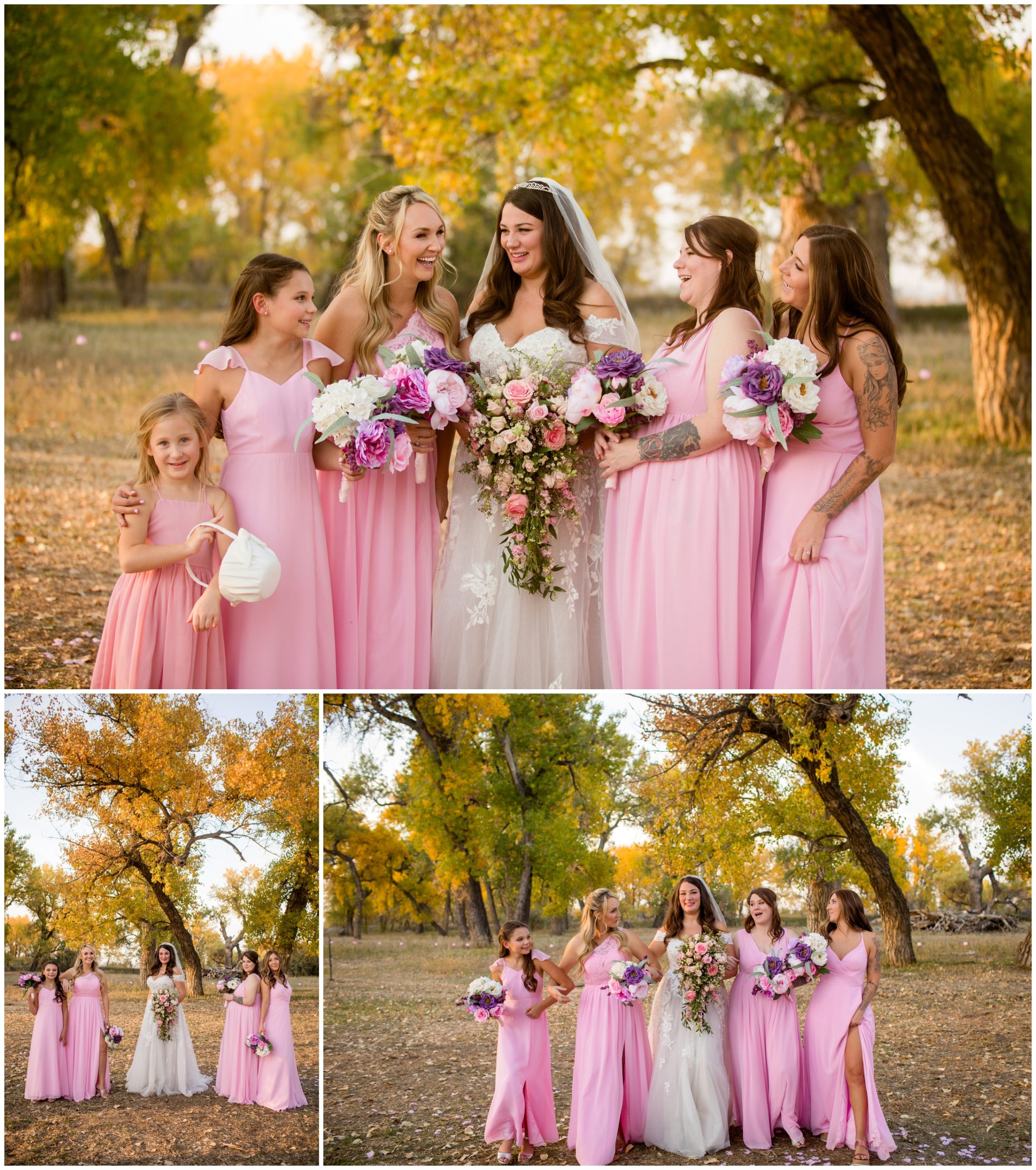 bridesmaids in pink dresses during Colorado fall wedding pictures 