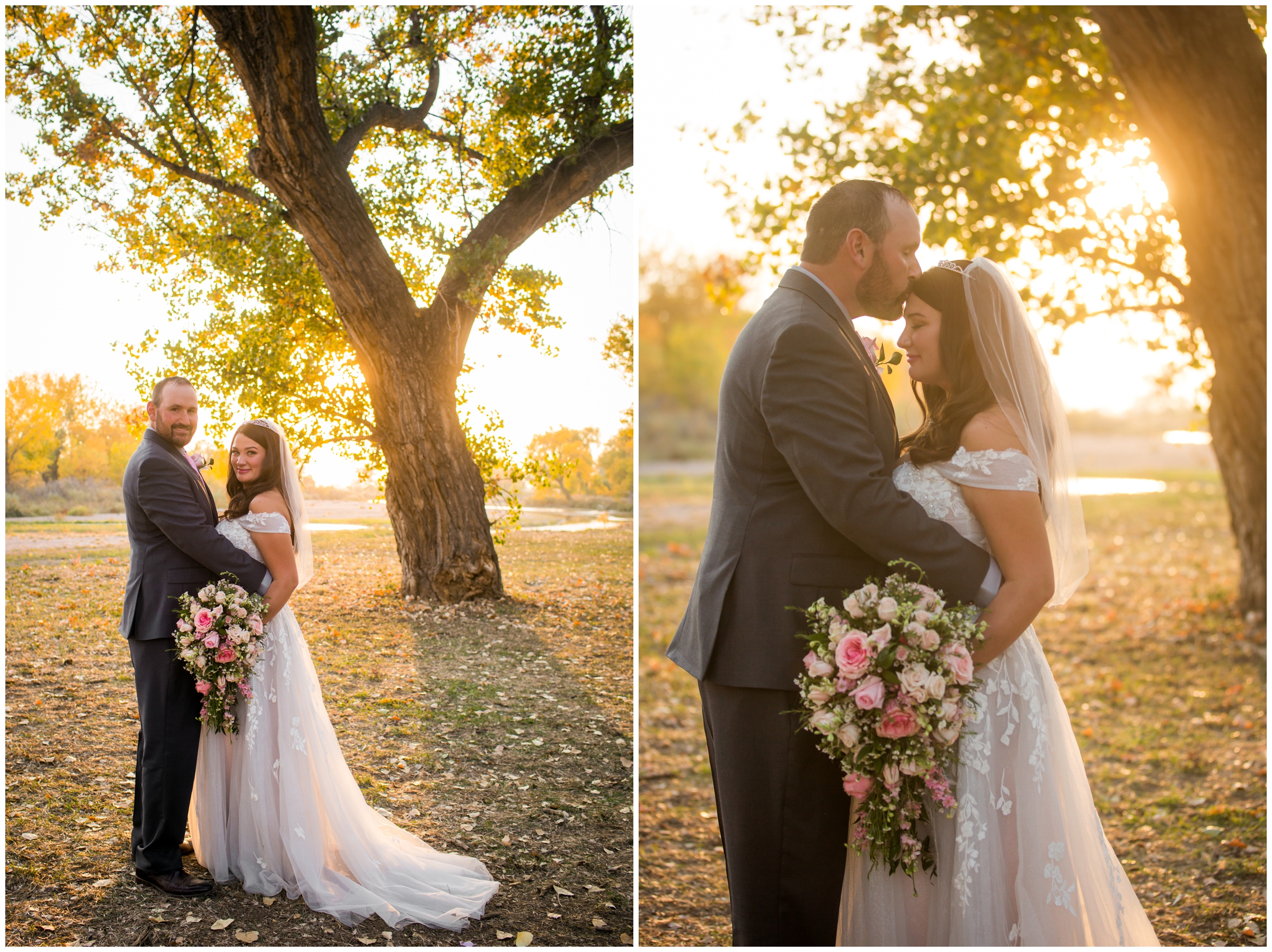 groom kissing bride on forehead during golden hours wedding portraits in Platteville Colorado 