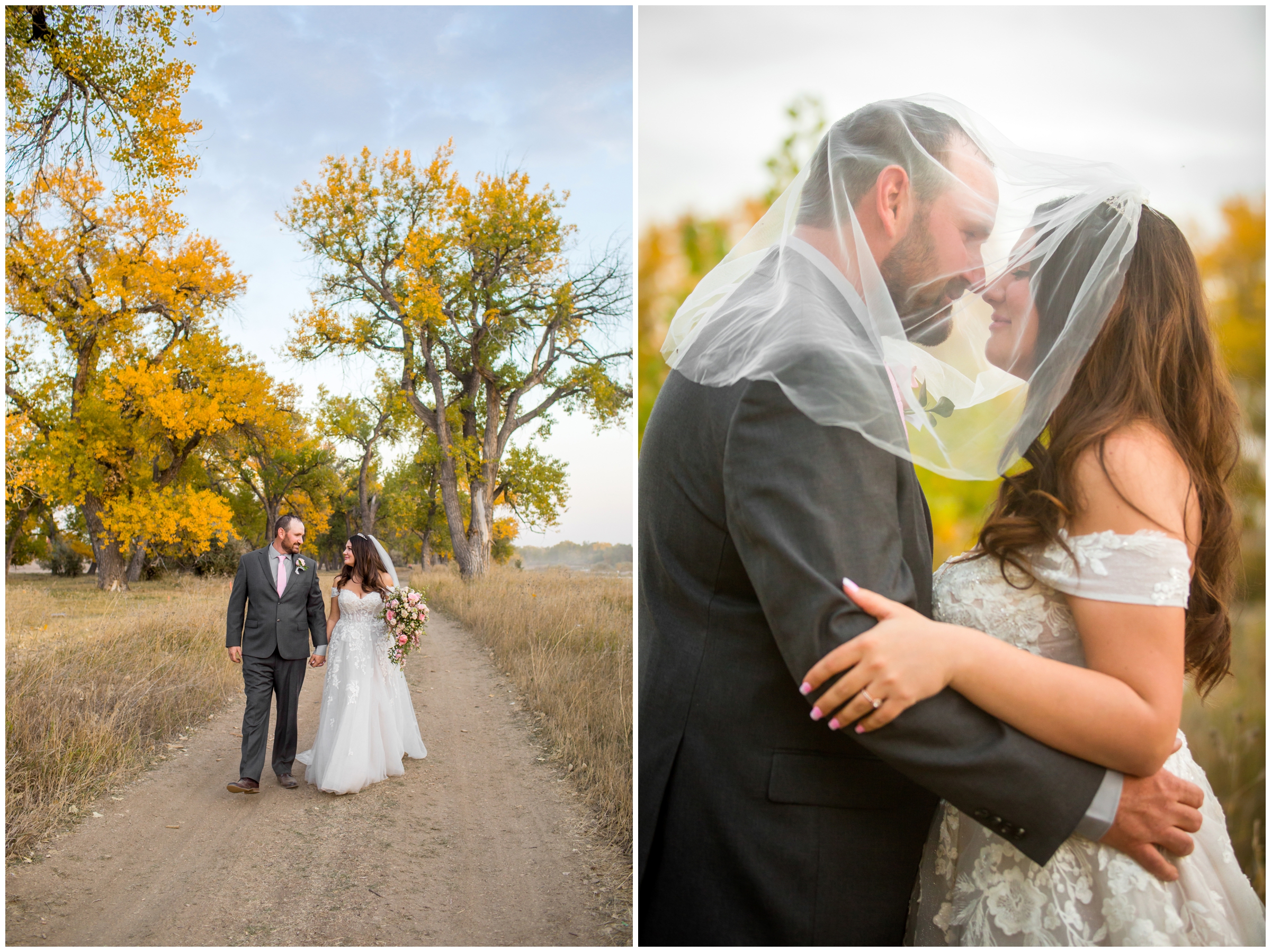 couple under wedding veil during rustic farm wedding photography in colorado 