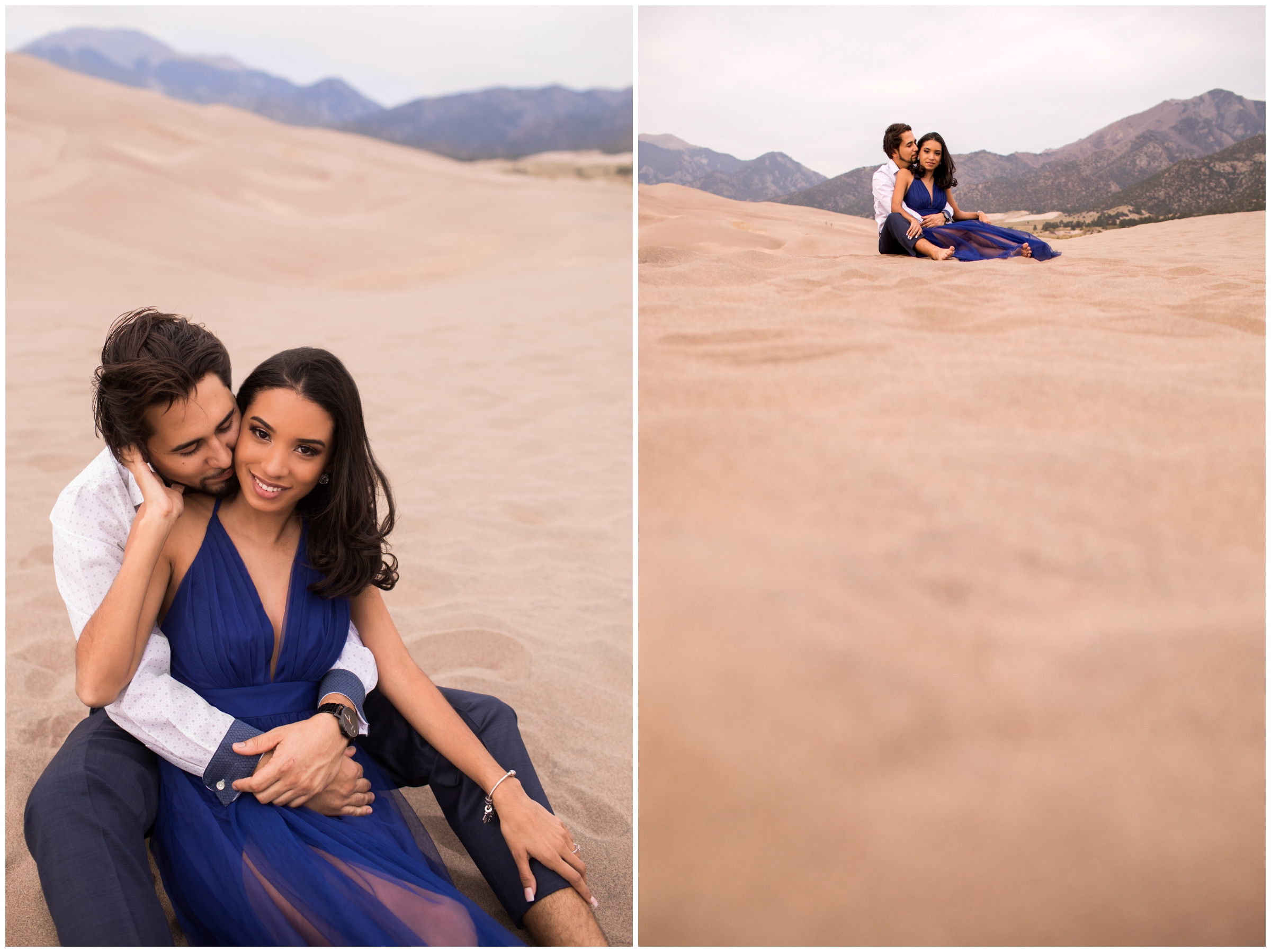 couple sitting in sand during Southern Colorado engagement portraits at Great Sand Dunes