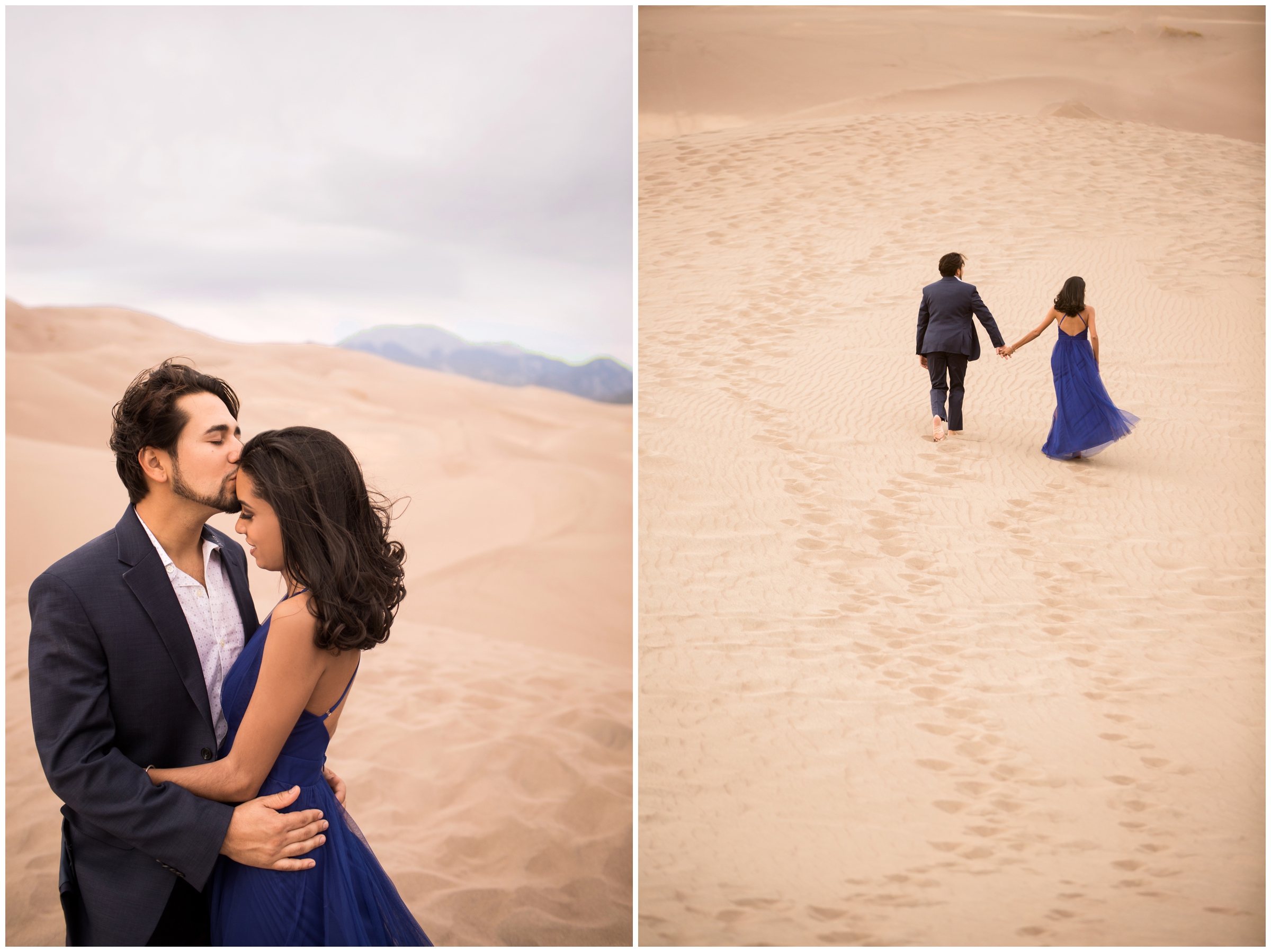couple holding hands and walking during southern colorado engagement pictures at the great sand dunes