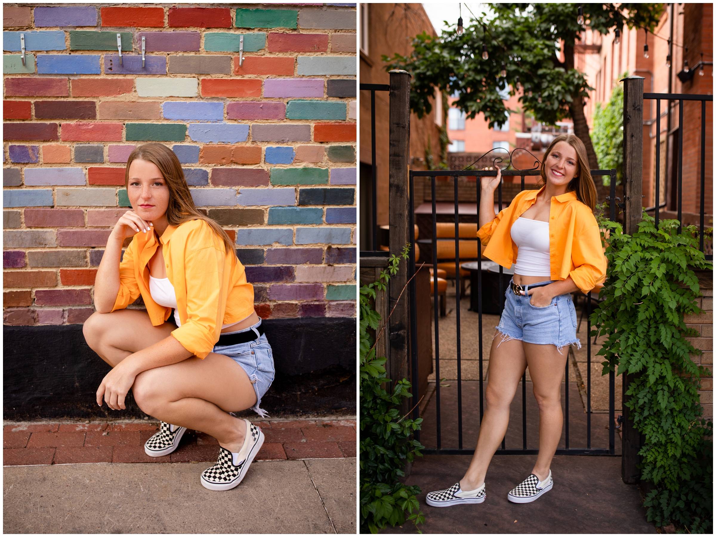 Colorful urban senior pictures at Pearl street mall in Boulder Colorado 