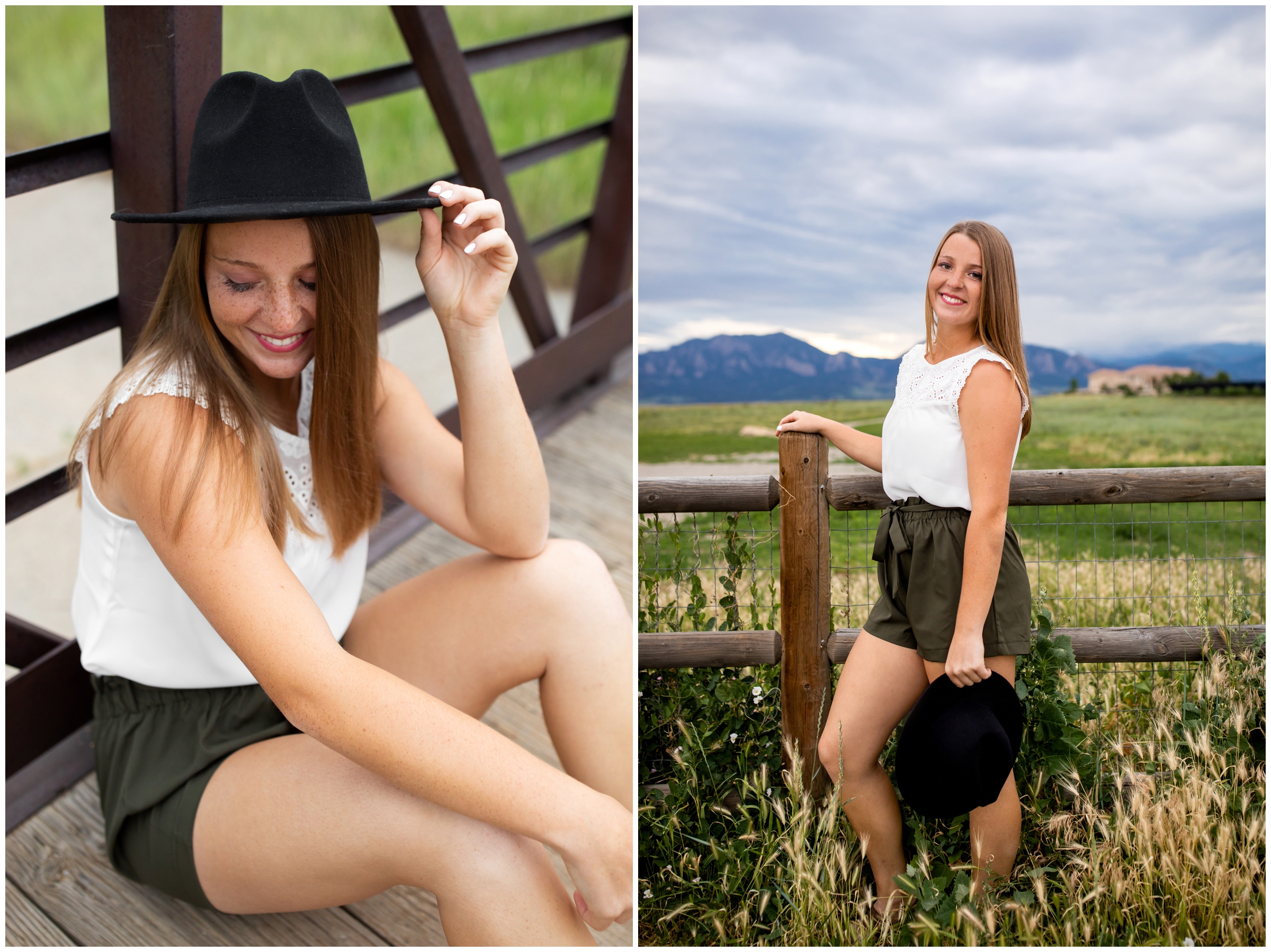 Teen girl with felt hat sitting on bridge for Louisville Colorado senior portraits 