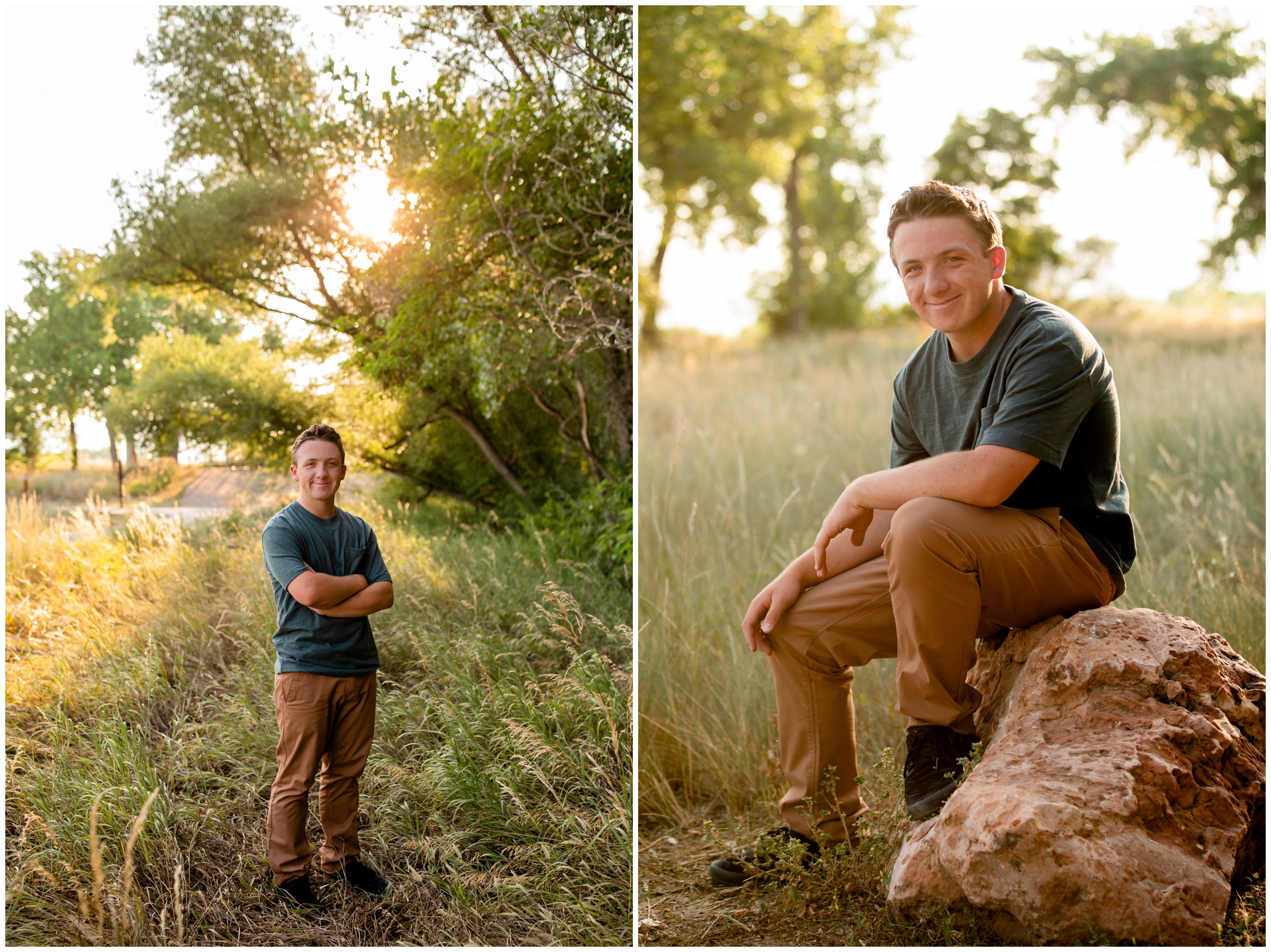 teen posing in field with trees in background during nature senior pictures in Longmont Colorado 