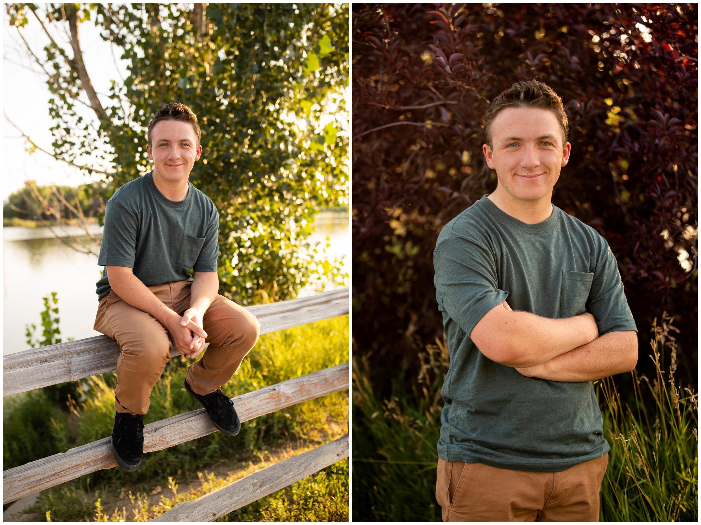 Mead High School student sitting on fence during Golden Ponds Longmont senior portraits 
