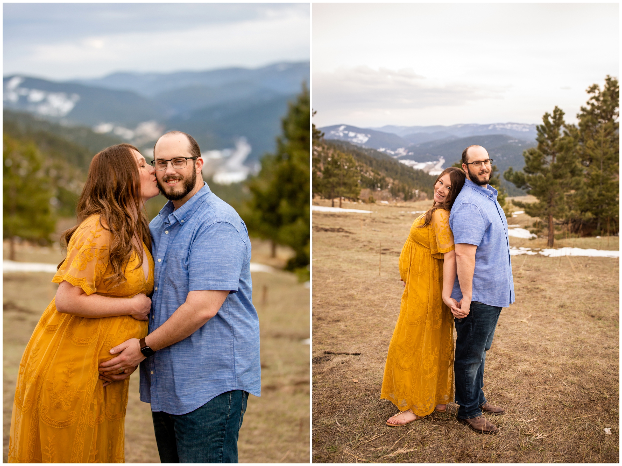 Couple posing back to back with mountains in background during mount falcon Colorado maternity photography session 