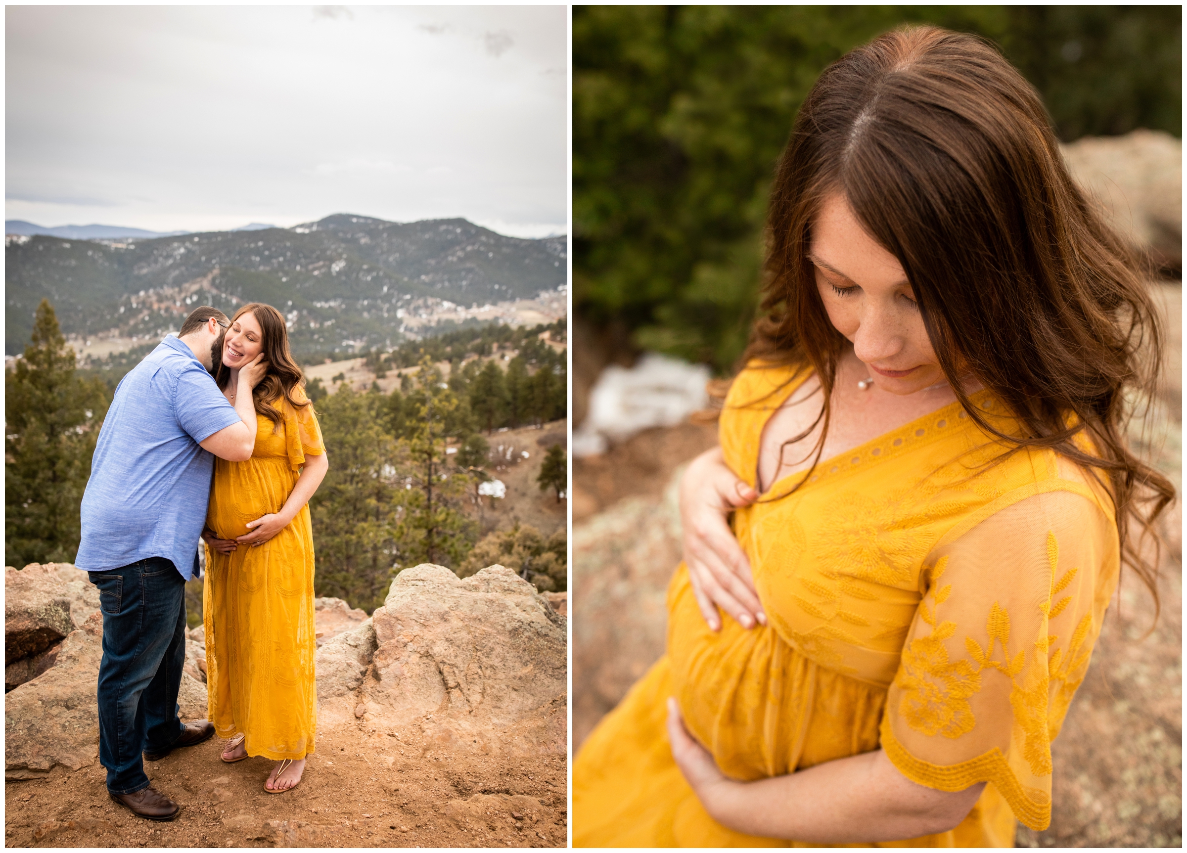 Couple kissing with mountains in background during Colorado maternity photo session at mount falcon west 