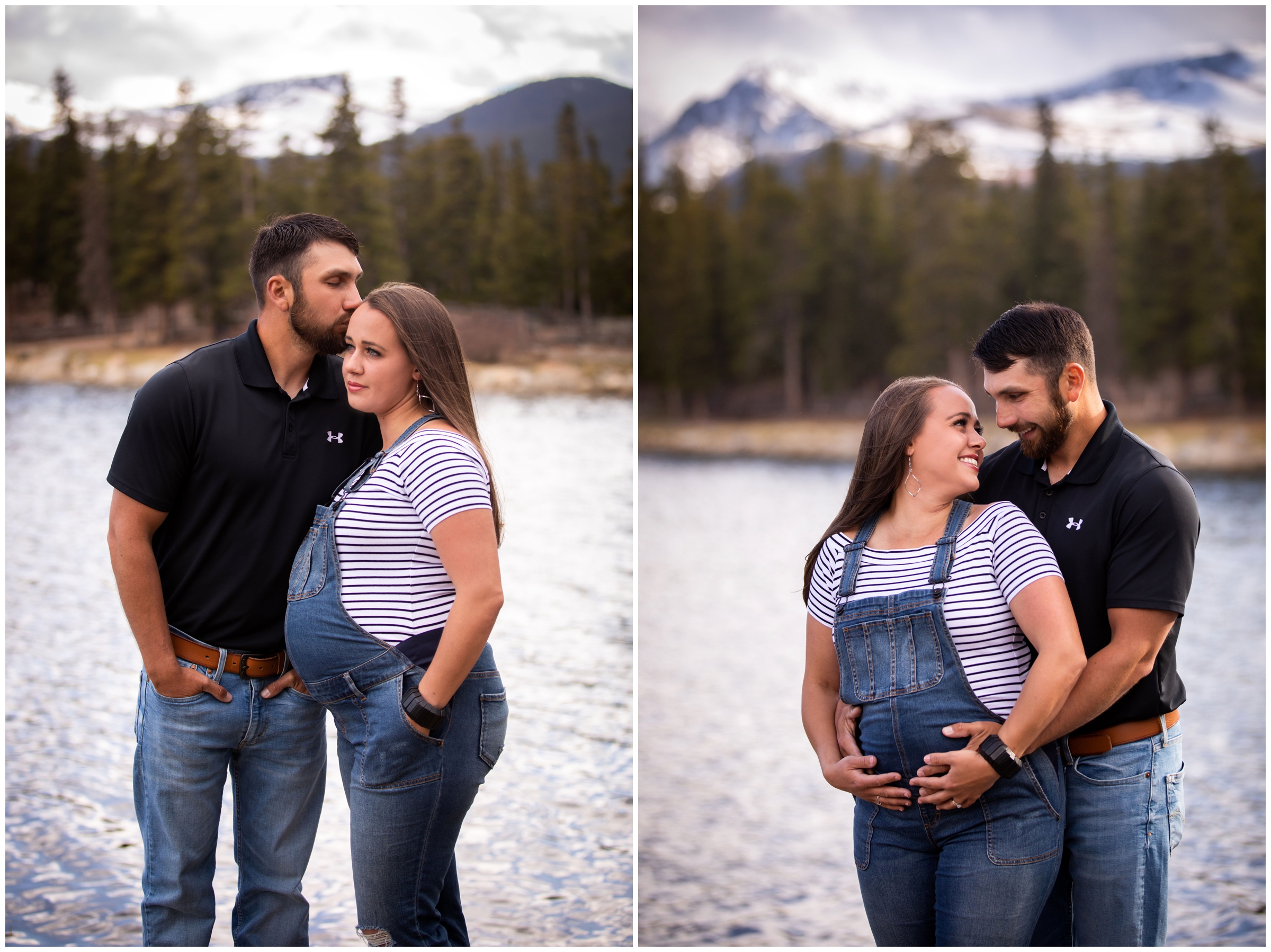 Pregnant woman in overalls during Echo Lake Park CO photography session 