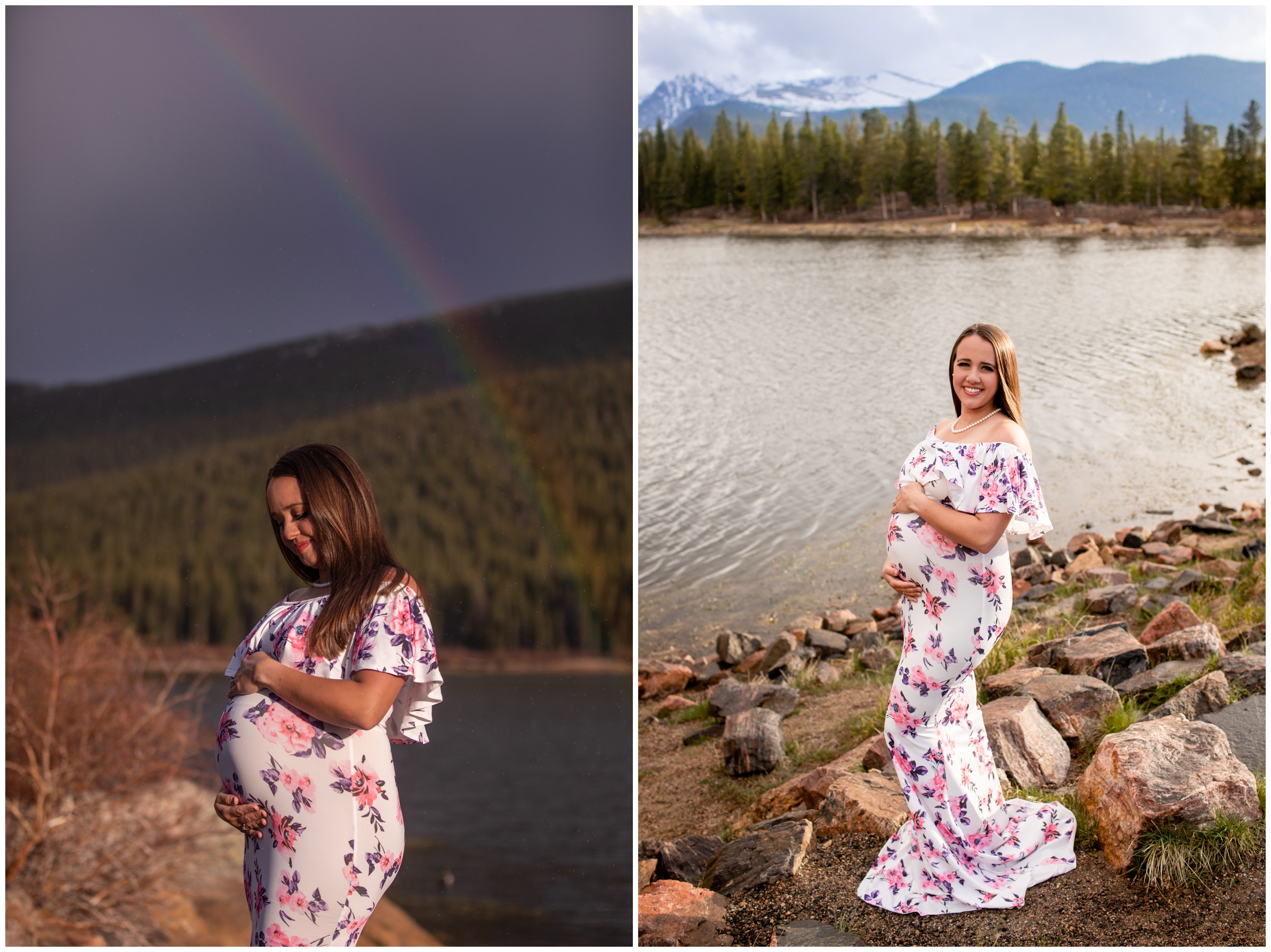 pregnant woman posing in front of lake with rainbow in the sky during Colorado mountain maternity pictures at echo lake park 