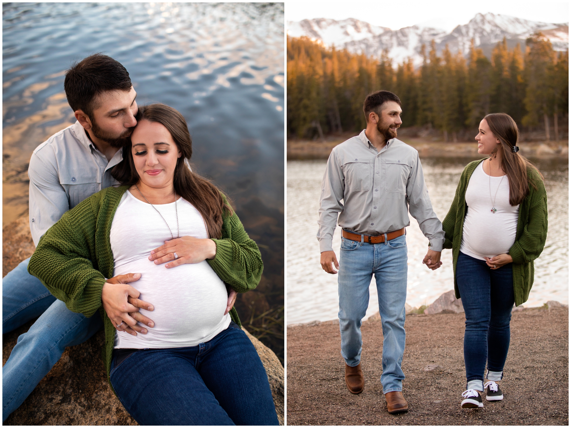 Couple walking next to mountain lake during Colorado couples maternity photos 