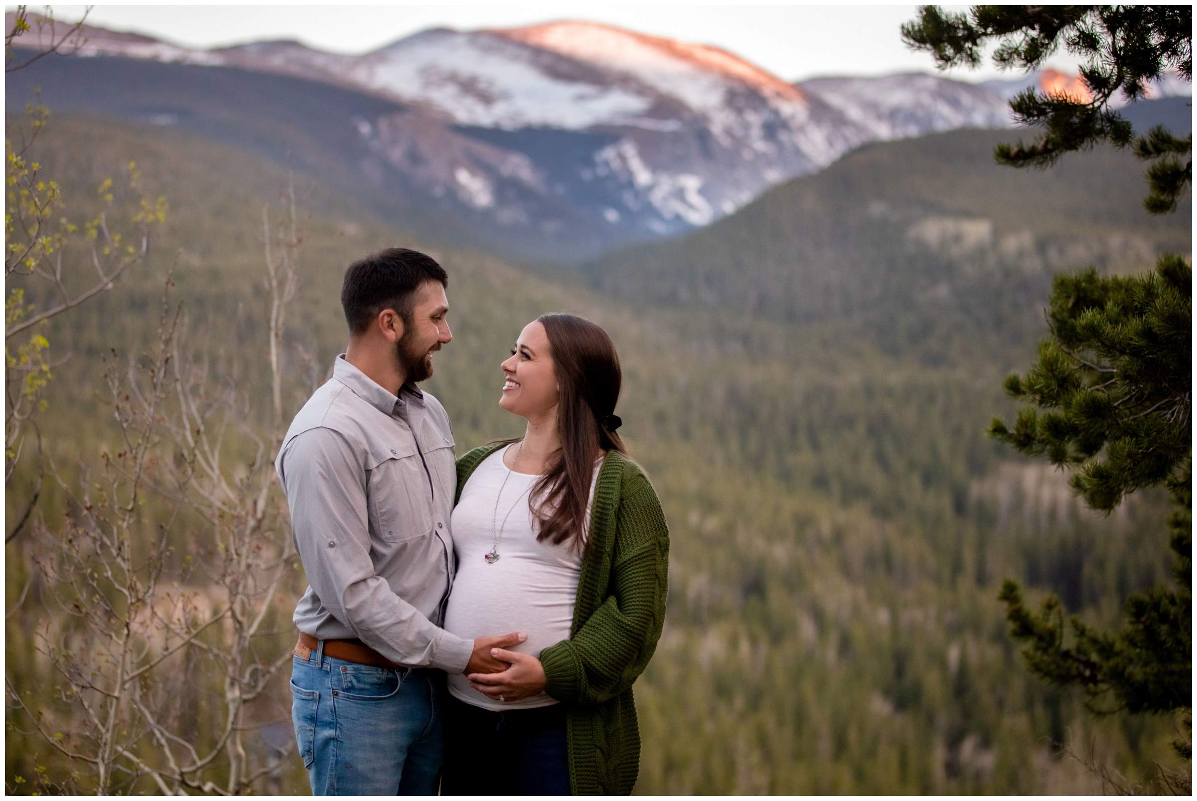 Mountain maternity portraits in Idaho springs at sunset 