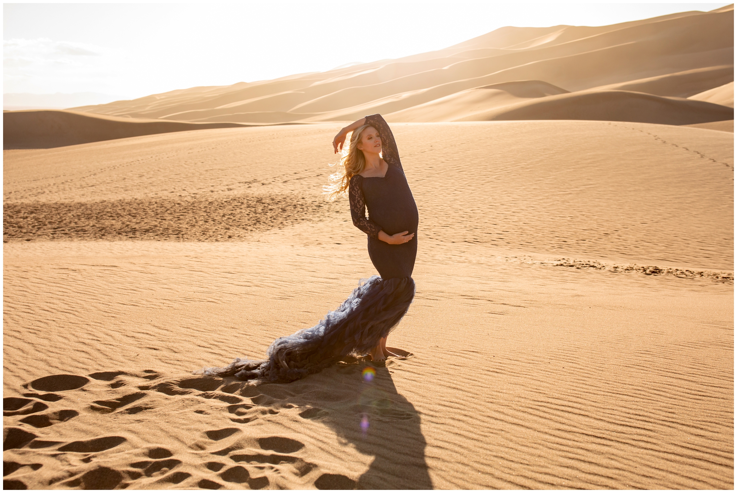 navy blue mermaid style maternity dress at Great Sand Dunes National Park 