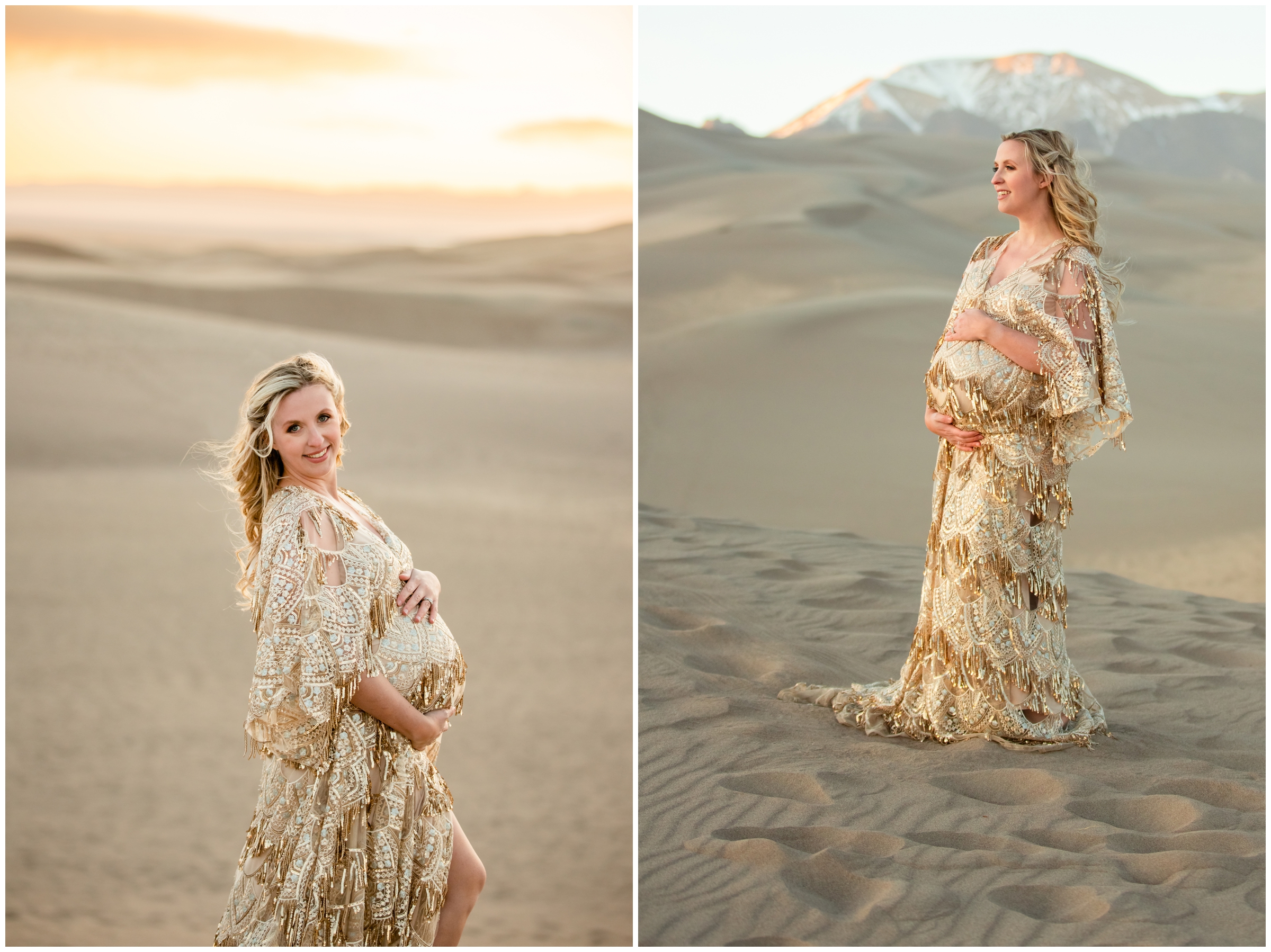 sunset pregnancy photos with mountains in background in southern Colorado 
