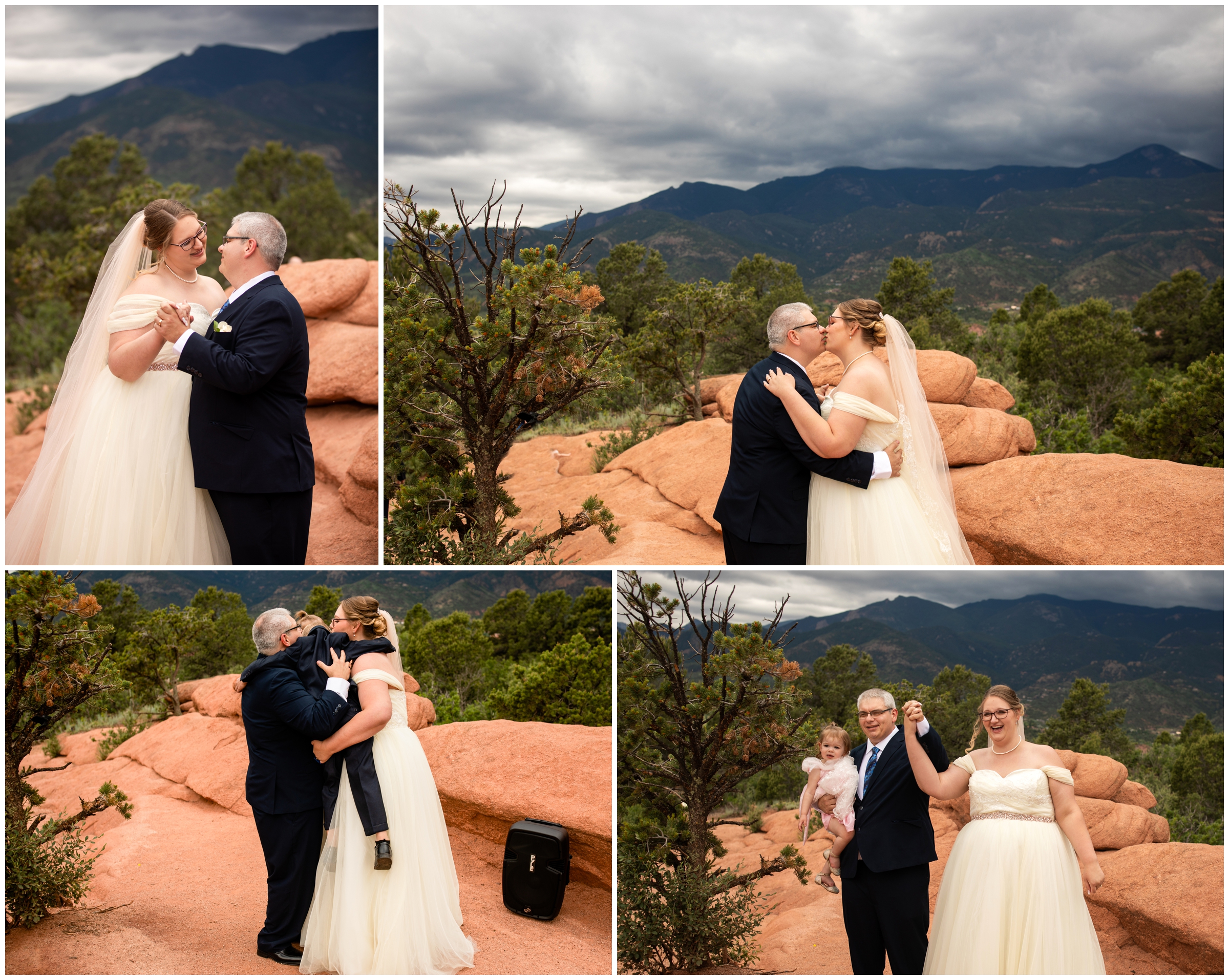 couple having their first dance on red rock formations during Garden of the Gods wedding in Colorado Springs 