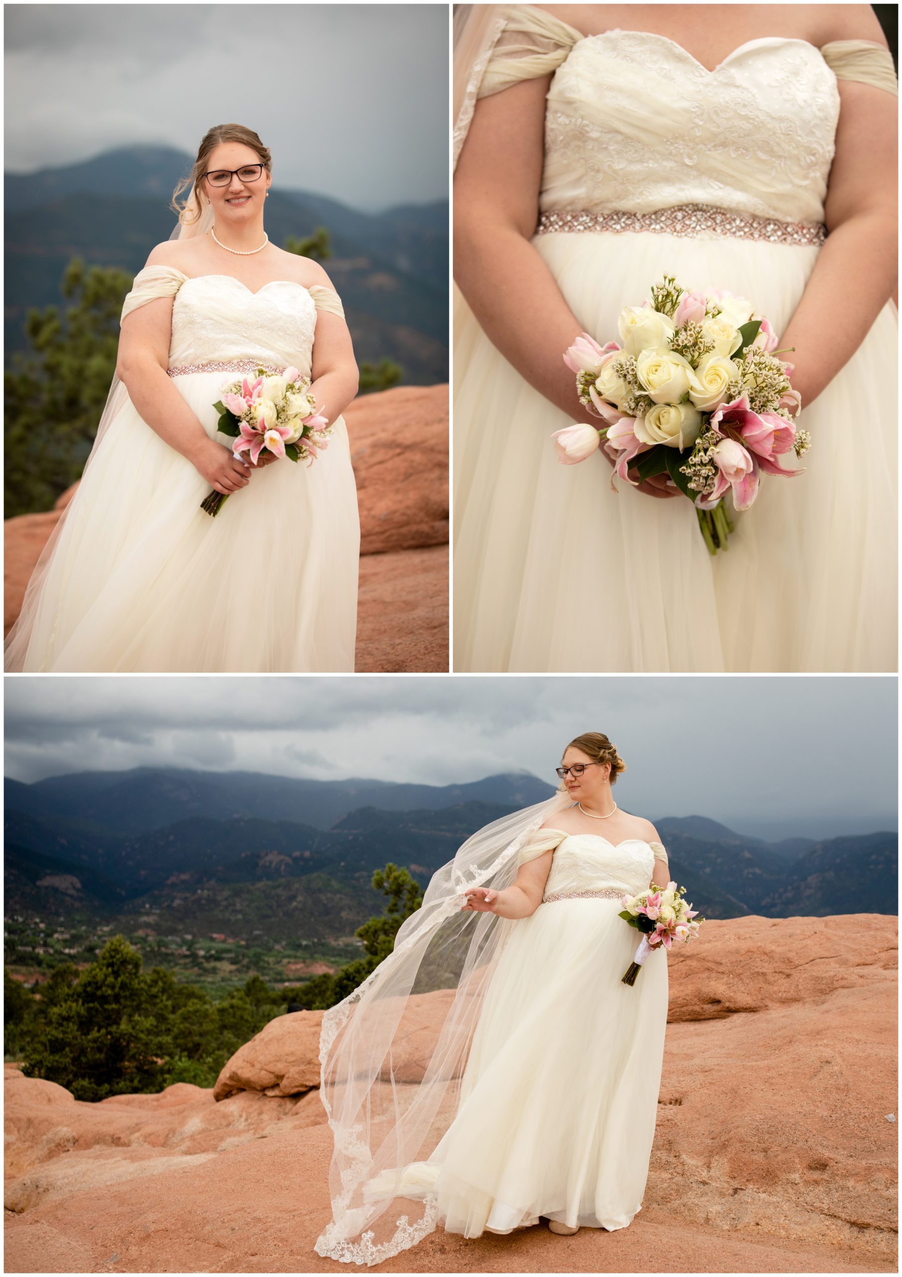 bride with long veil posing for wedding portraits at High Point Overlook at Garden of the Gods in Colorado 
