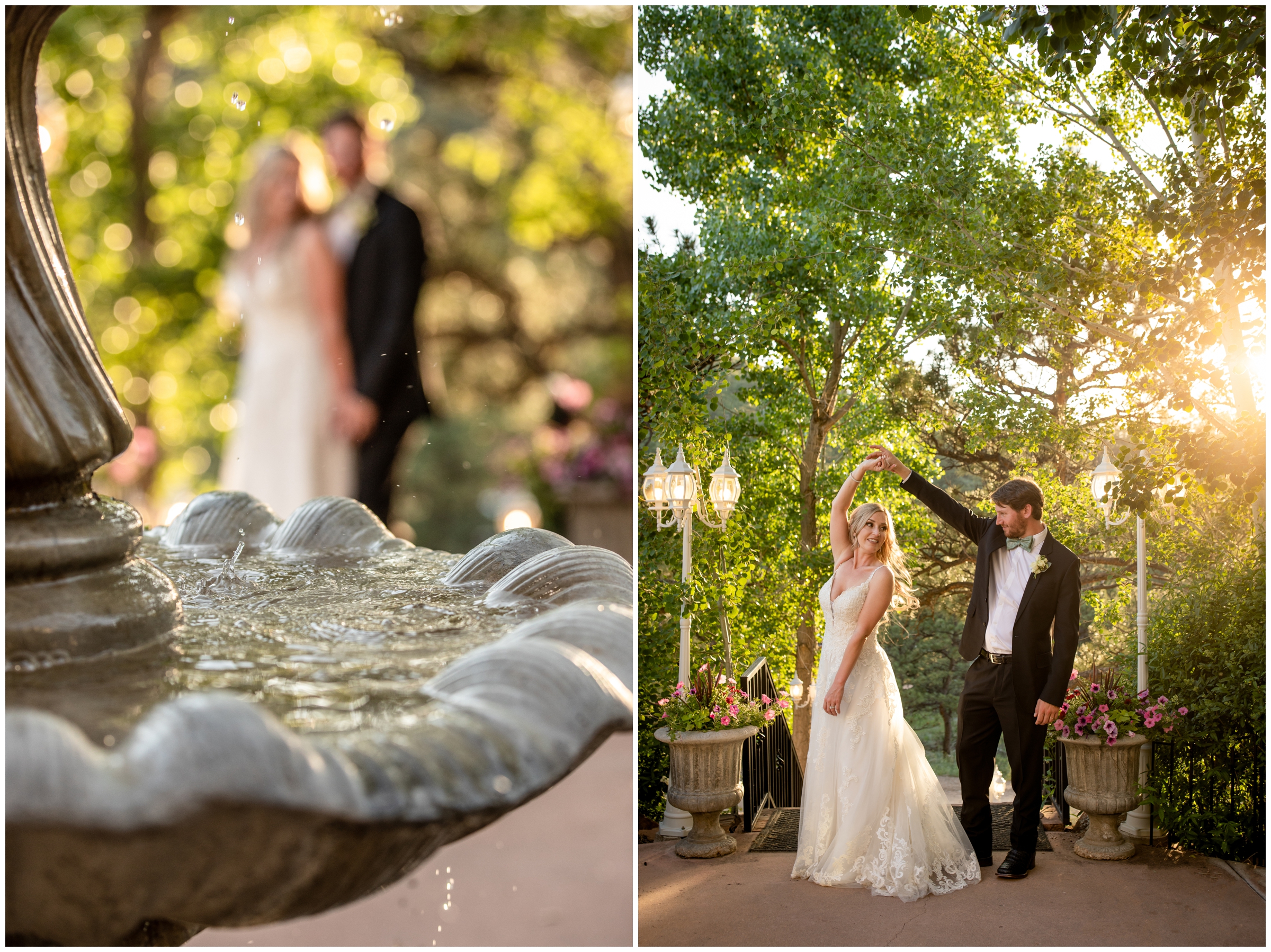 bride and groom dancing by water fountain at Lionscrest Manor Colorado wedding photos 