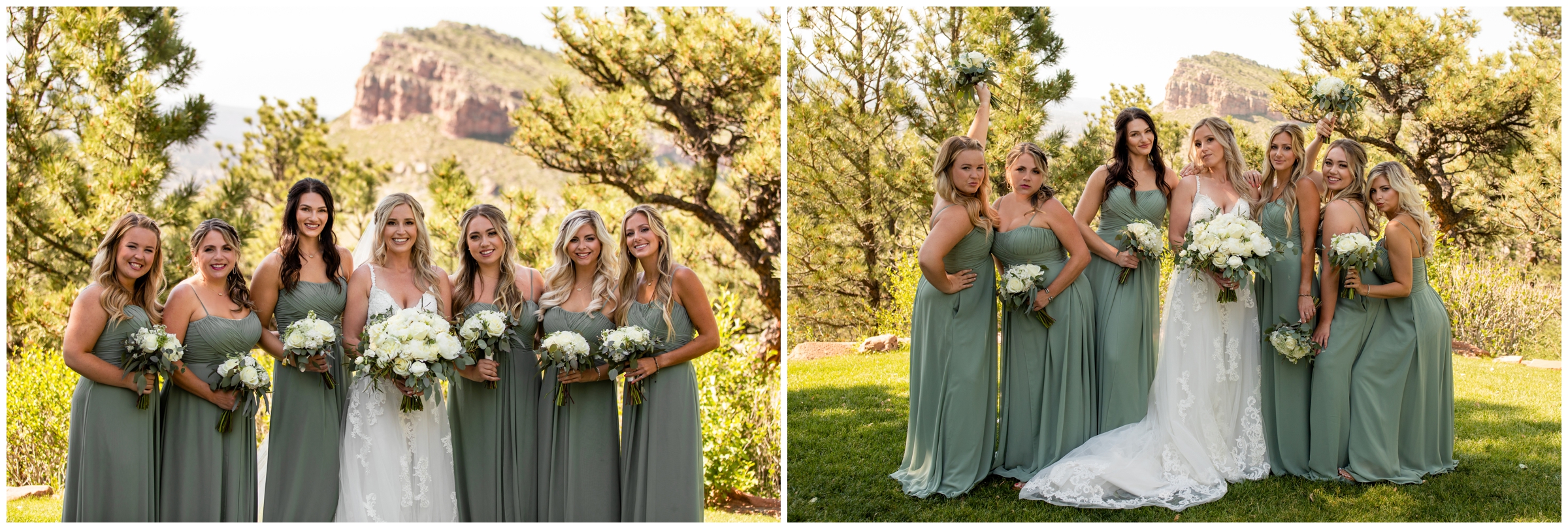 bridesmaids in long sage green dresses posing for Colorado mountain wedding pictures 