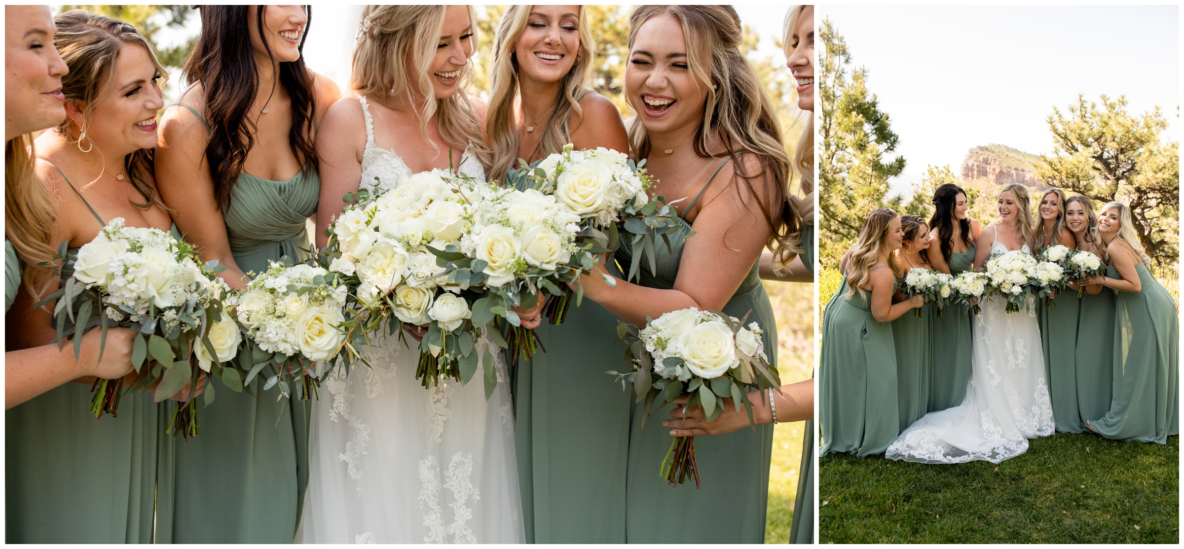 bridesmaids in sage green with white rose bouquets 