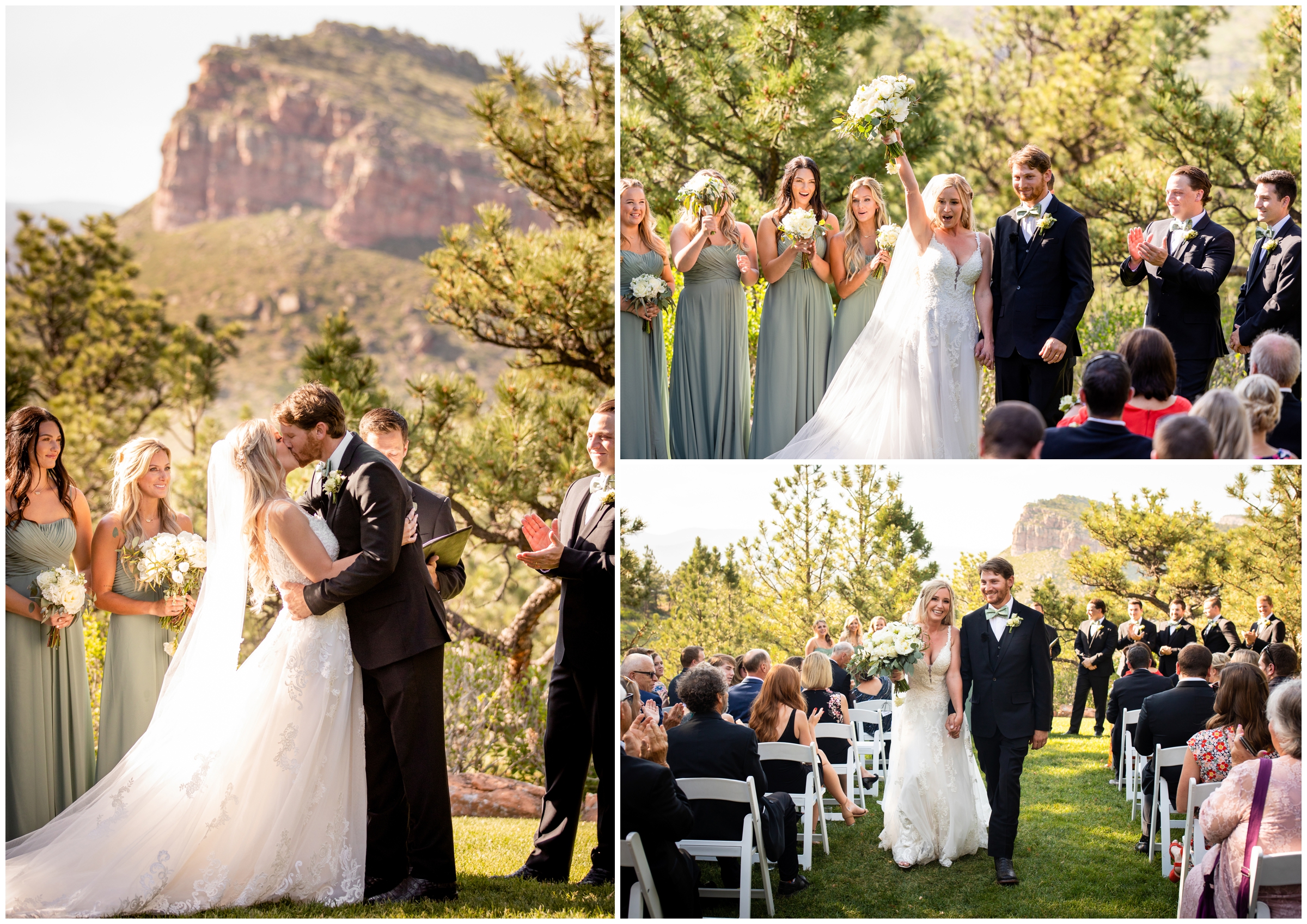bride and groom's first kiss at outdoor wedding ceremony in Lyons Colorado 