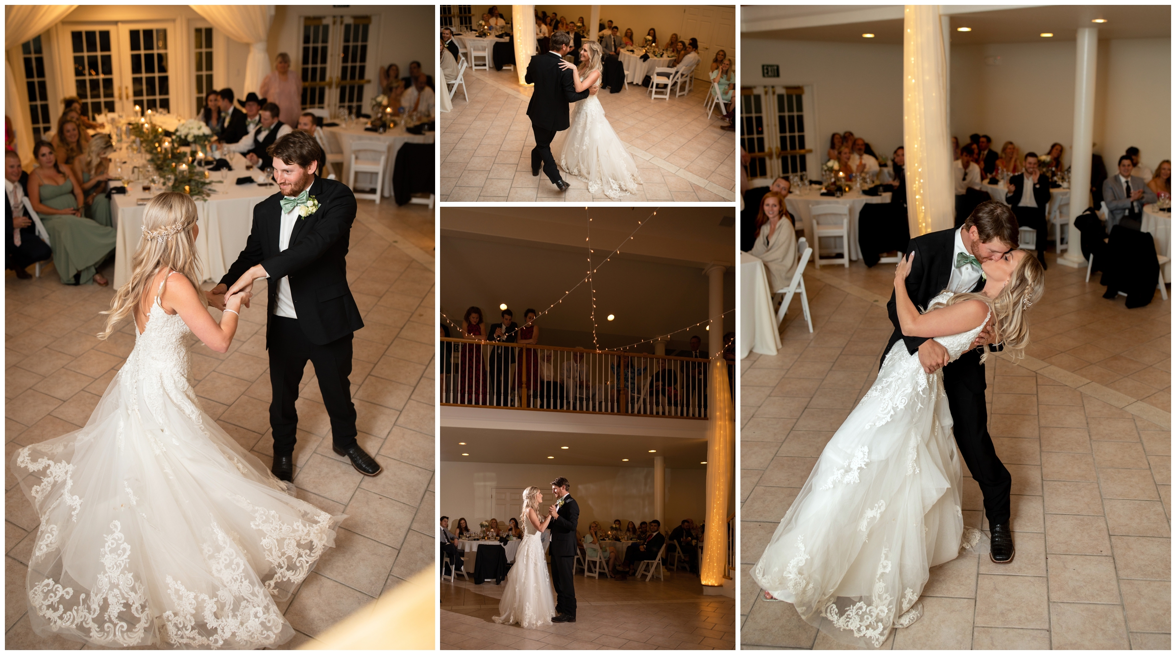 groom dipping bride on dance floor during Lionscrest Manor Colorado wedding reception 