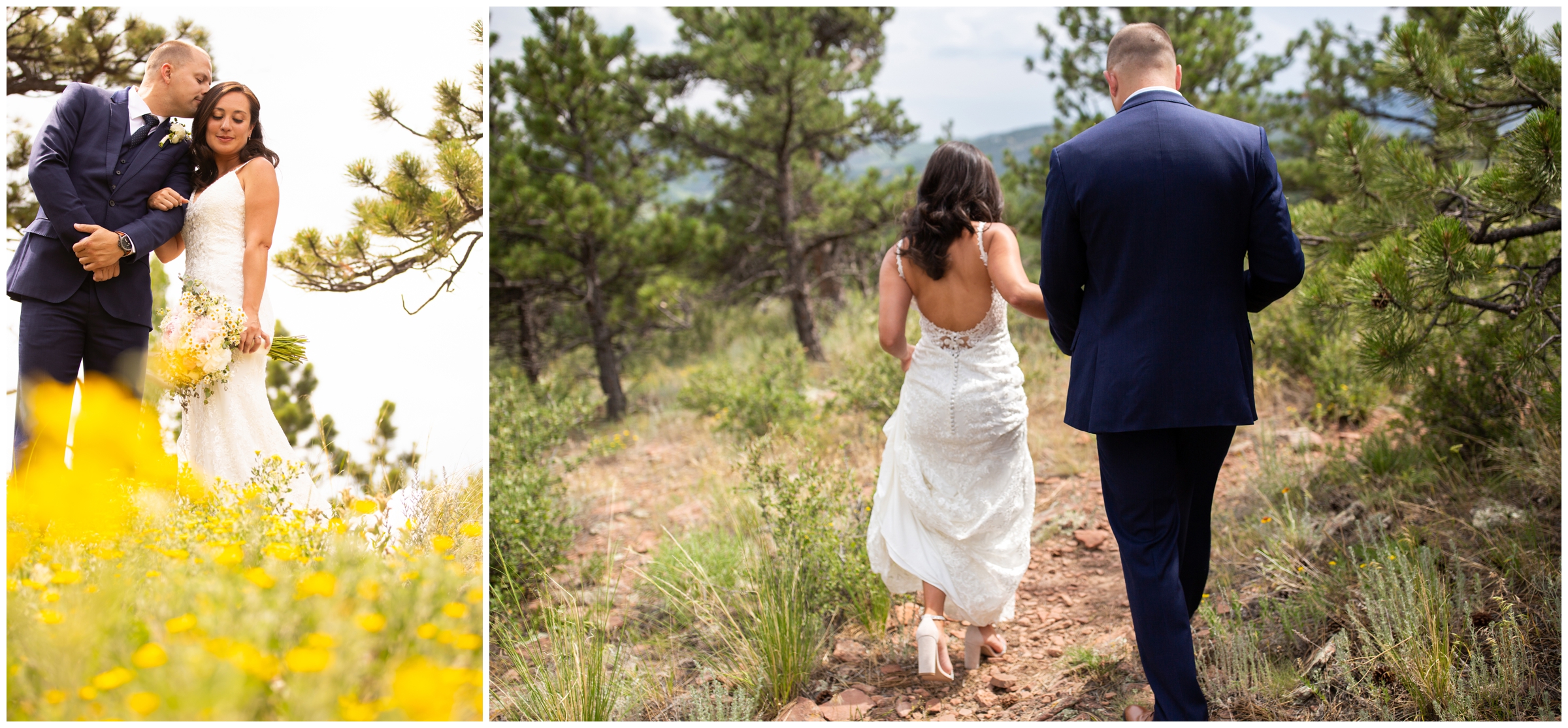 Couple posing in field of wildflowers during Colorado mountain wedding pictures in Lyons 