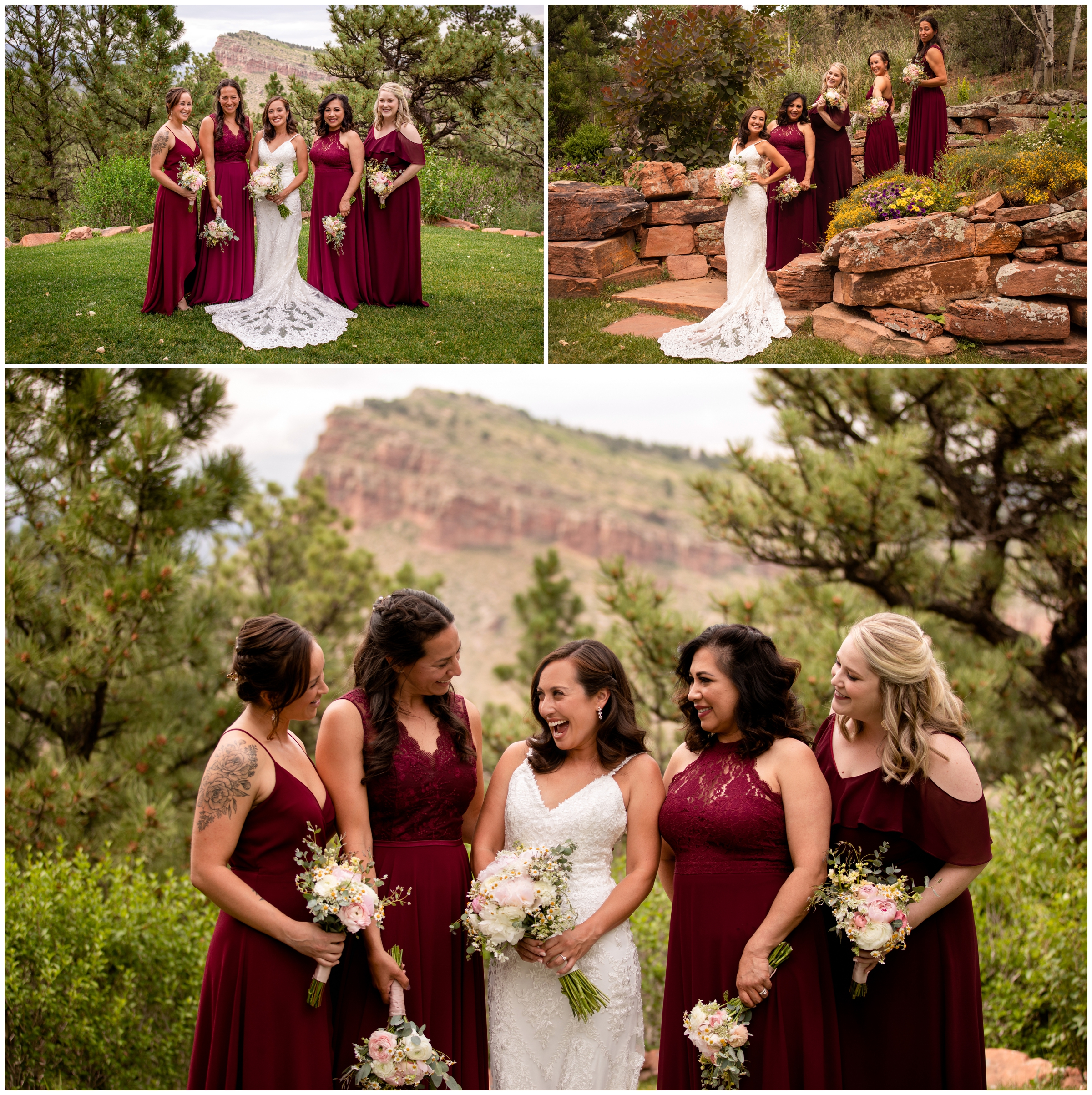 bridesmaids in various maroon dresses at Colorado summer wedding in Lyons 