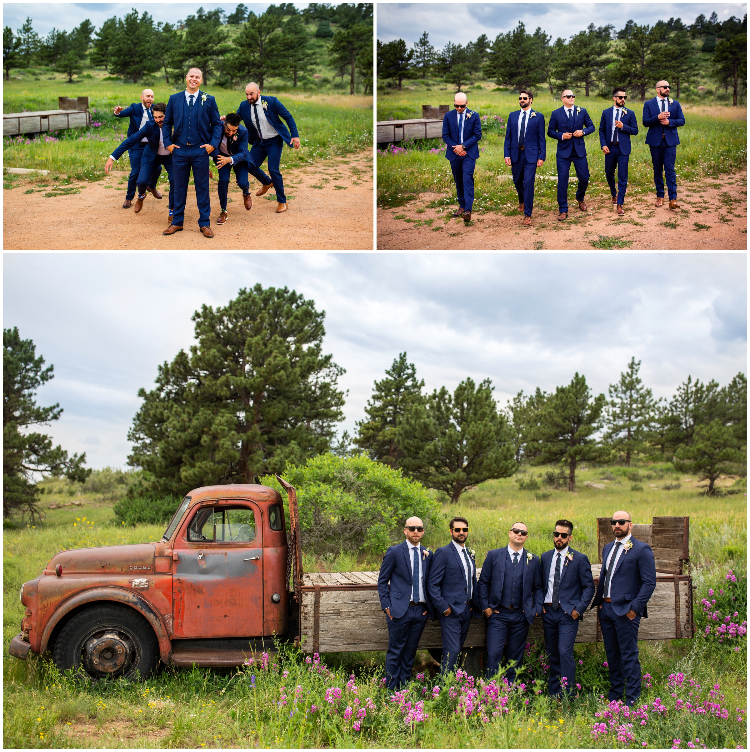 Groom and groomsmen photos in front of old vintage truck at Lionscrest manor summer wedding