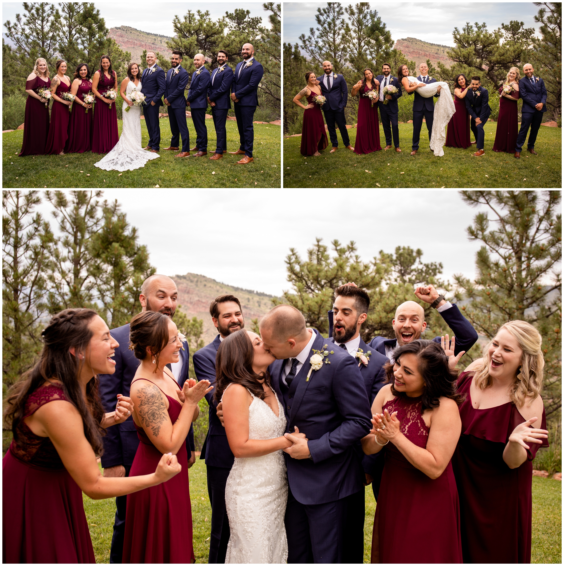 wedding party in maroon and navy blue 