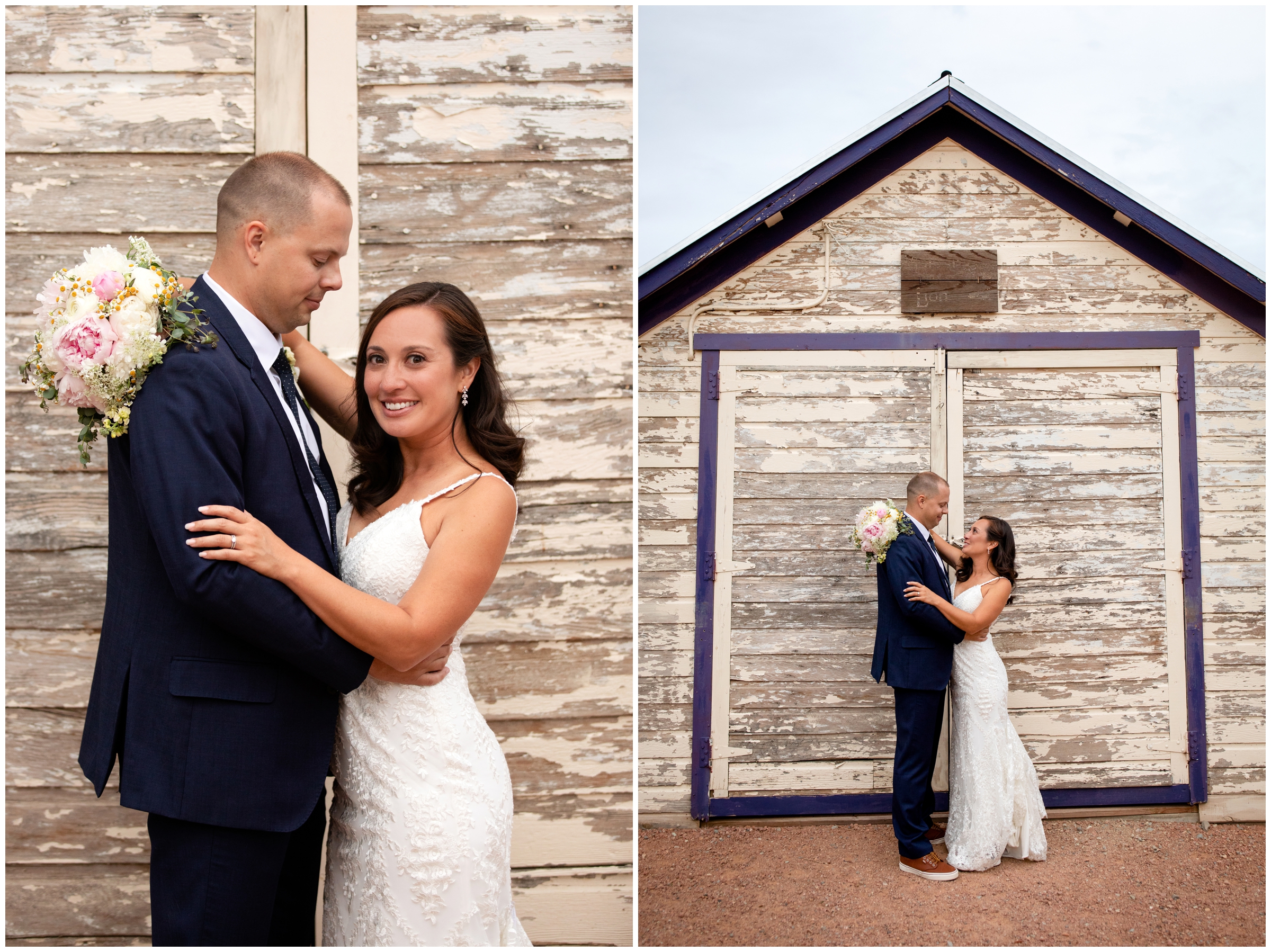 Couple posing in front of rustic barn during Lionscrest wedding photography 