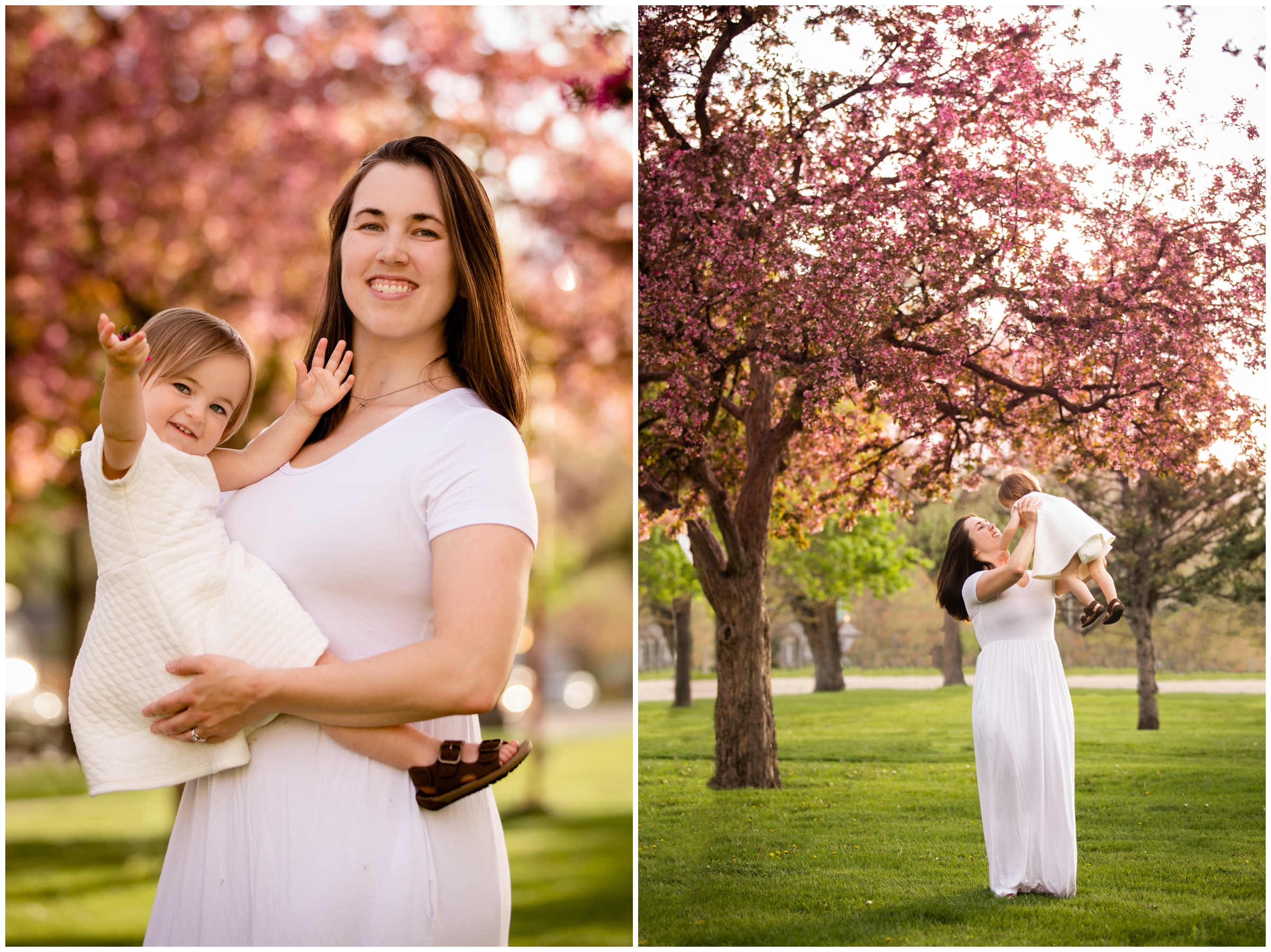 mom and daughter in white dresses posing for family portraits with the cherry blossoms in Colorado 