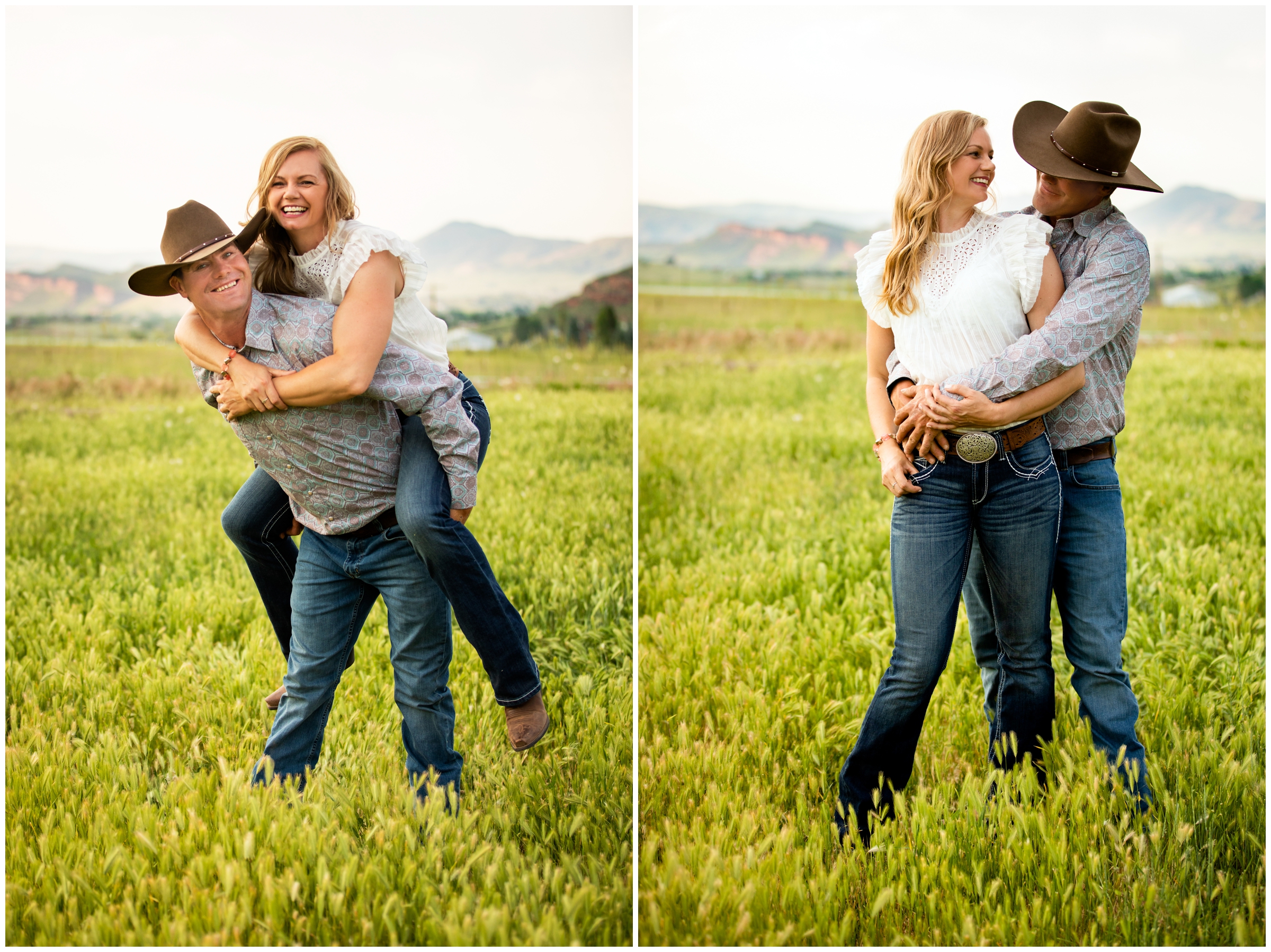 woman getting piggyback ride during rustic Colorado engagement couples photography session in Loveland 