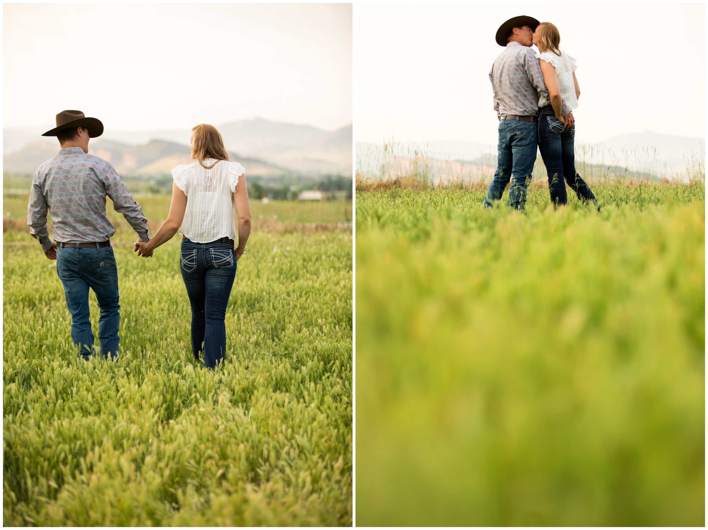 couple walking through field on a private farm during Loveland Colorado engagement photography session 